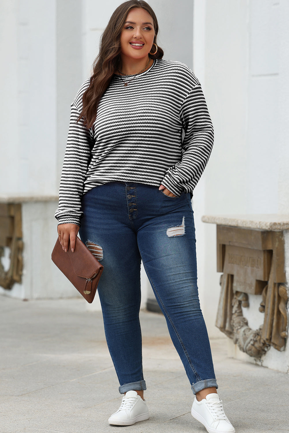 Rose Stripe Round Neck Drop Shoulder Long Sleeve Top Beagle Boutique Fashion Outlet