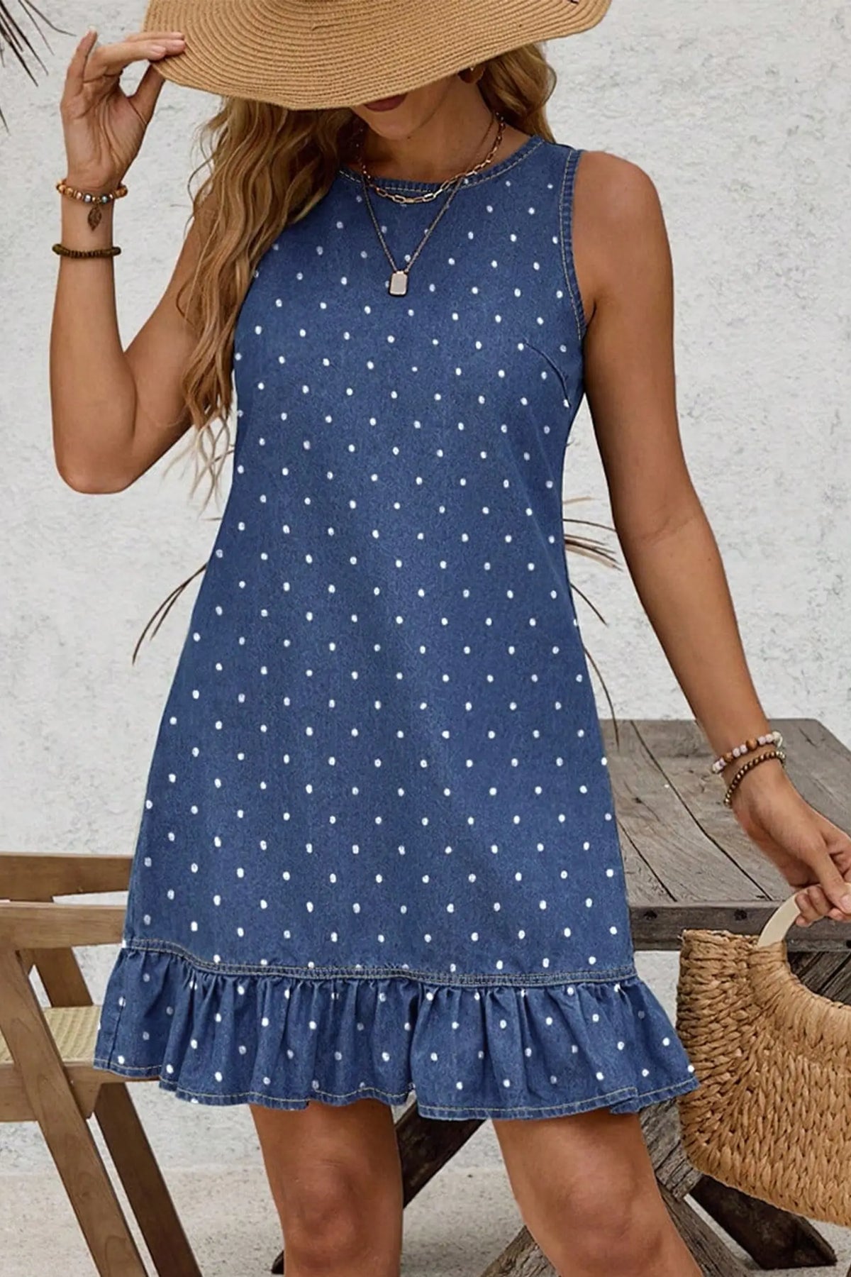 Polka Dot Ruffle Hem Sleeveless Denim Mini Dress – Blue