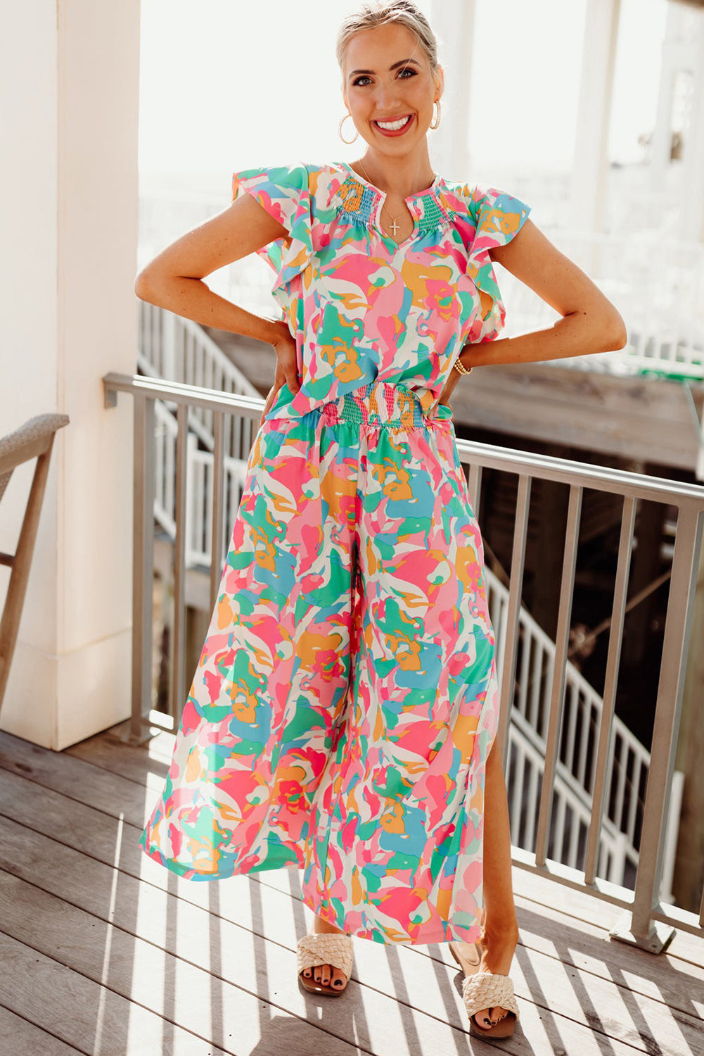 Floral Ruffled Sleeve Top Smocked Wide Leg Trousers Set eAura