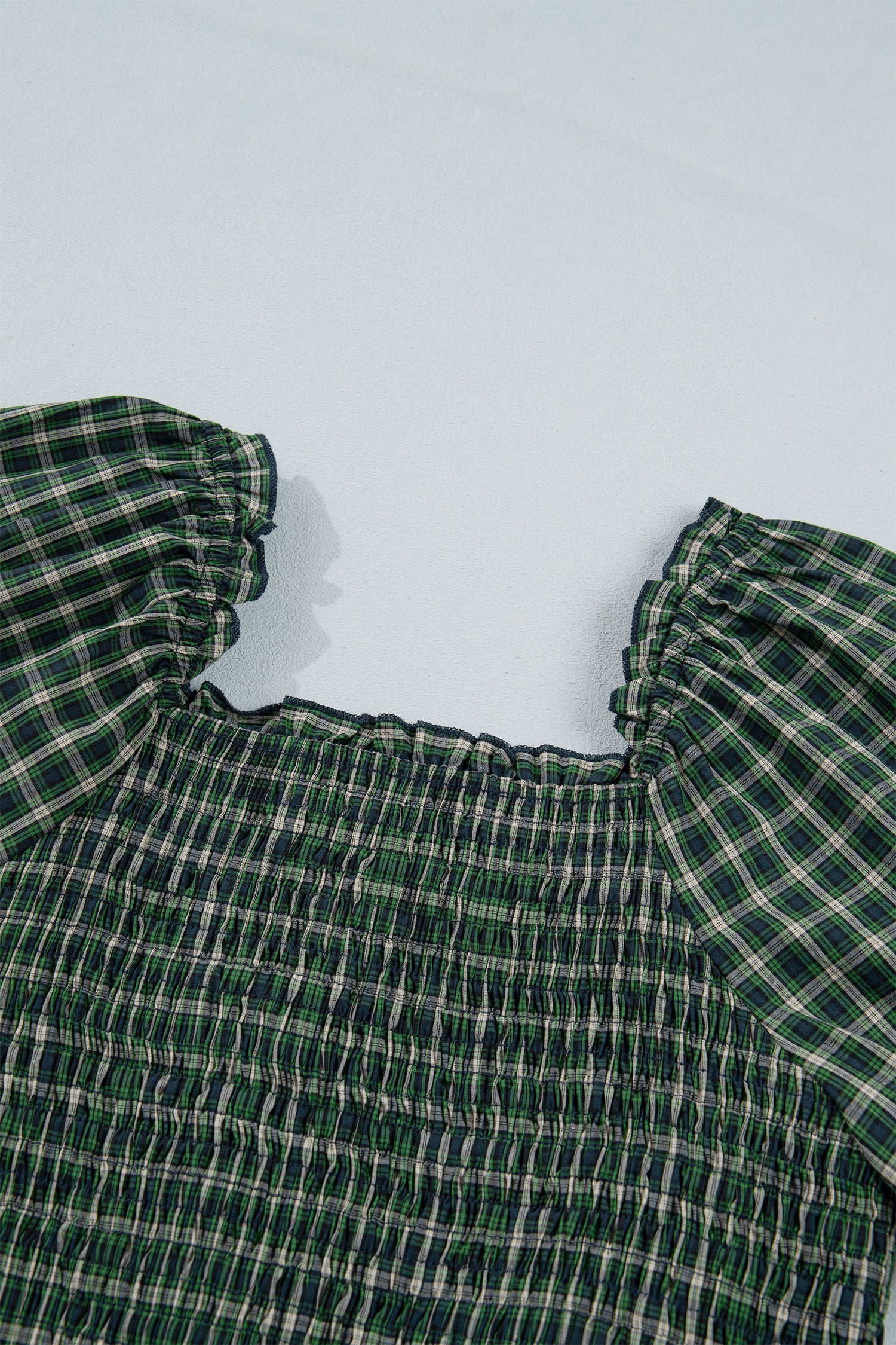 Plaid Square Neck Shirred High Waist Ruffle Hem Dress – Green