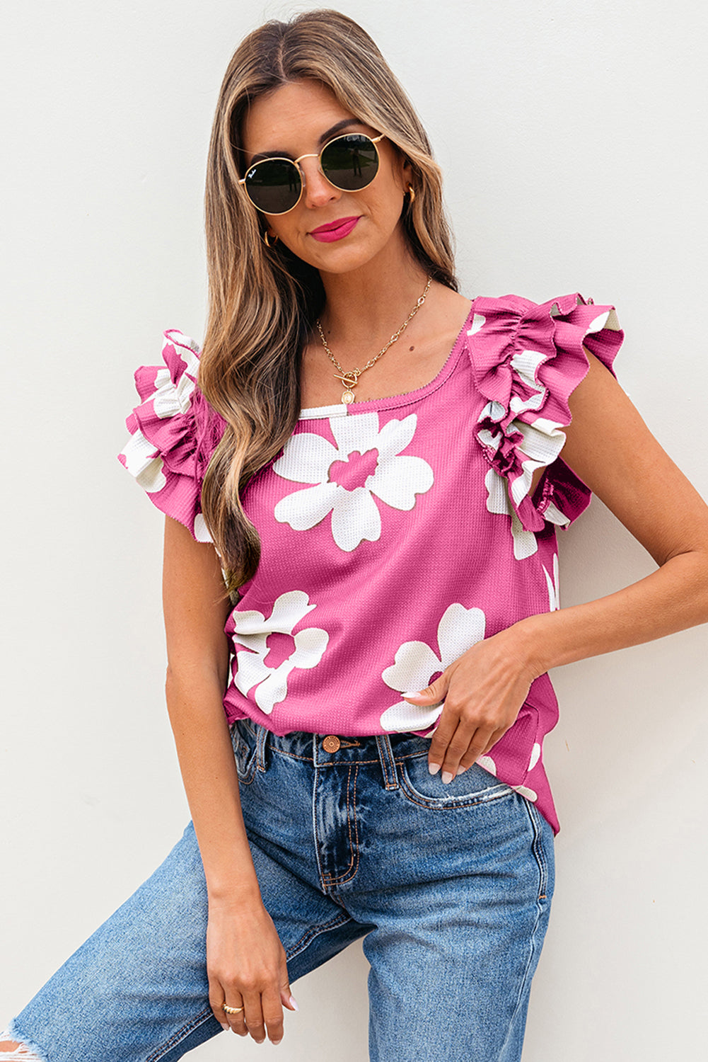 Floral Textured Ruffled Short Sleeve Square Neck Blouse eAura