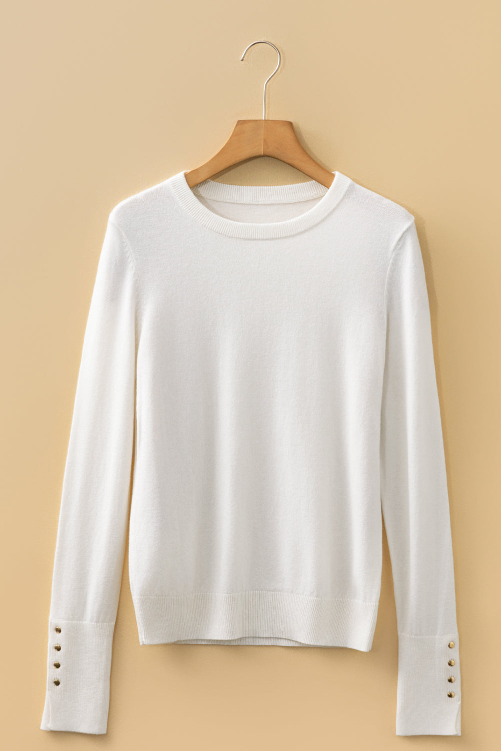 White Button Split Cuffs Round Neck Slim Sweater - eAura