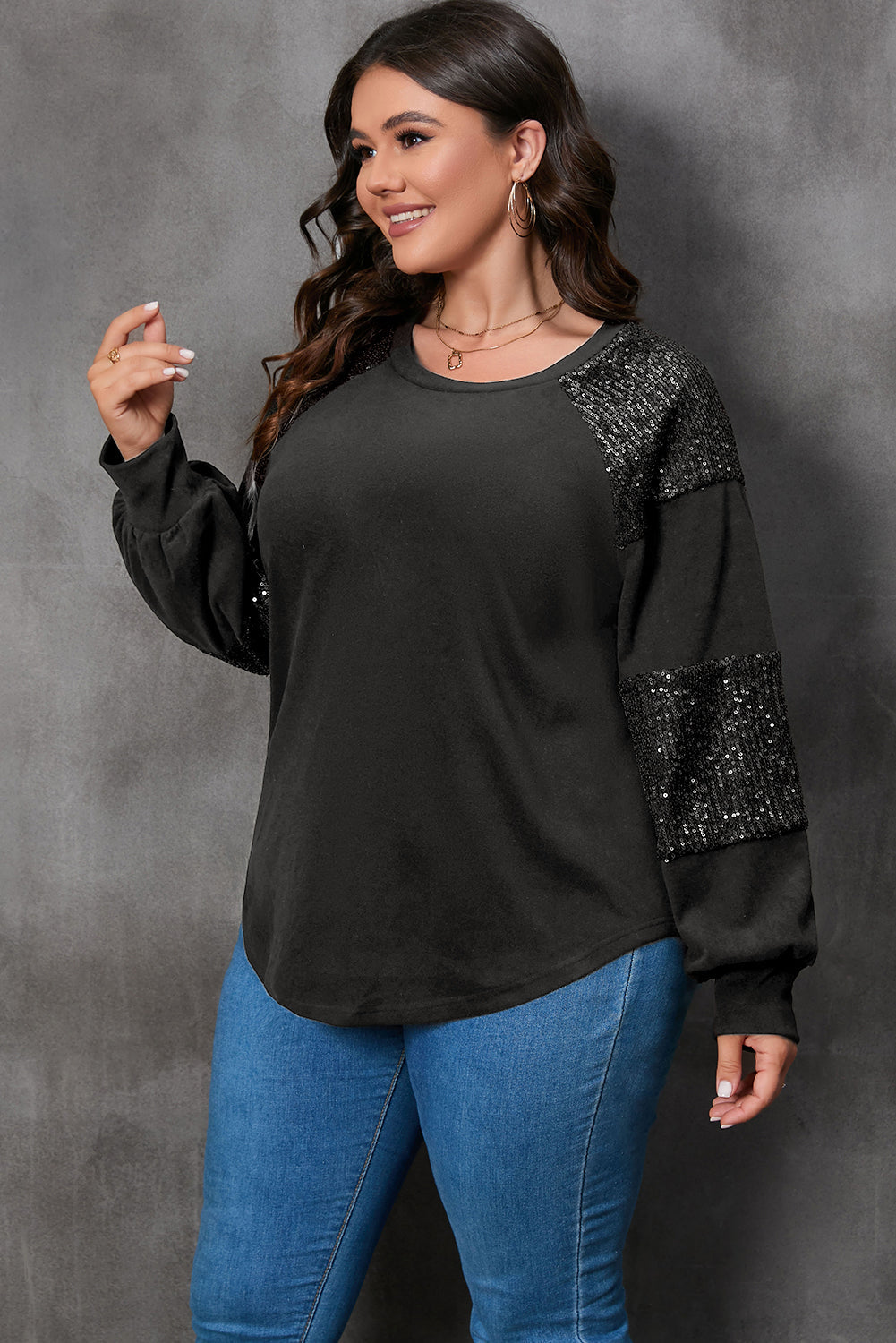 Black Plus Size Sequin Patchwork Crew Neck Long Sleeve Top BB Fashion Outlet