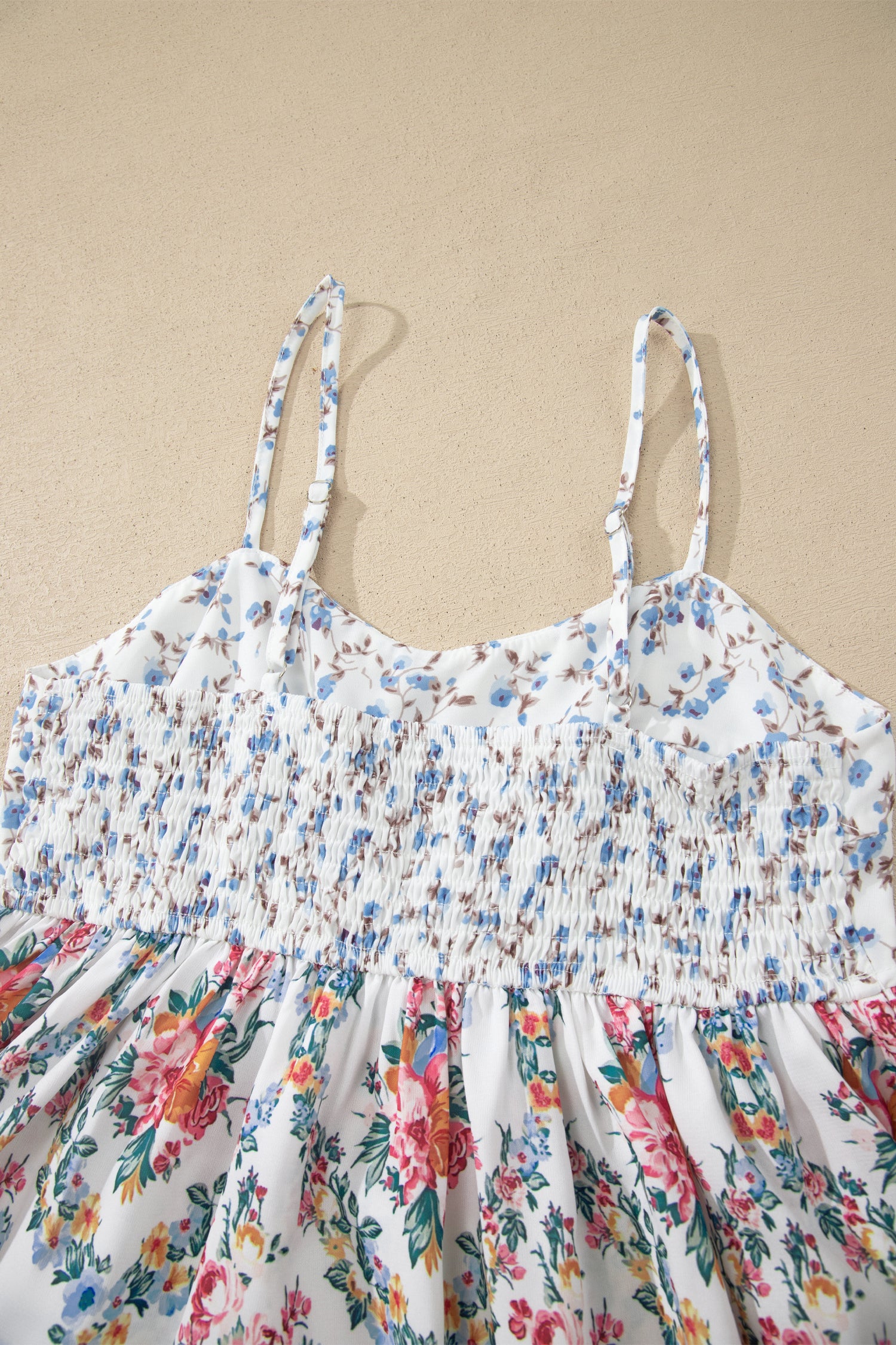 Contrast Floral Printed Patchwork Spaghetti Straps Babydoll Top – White