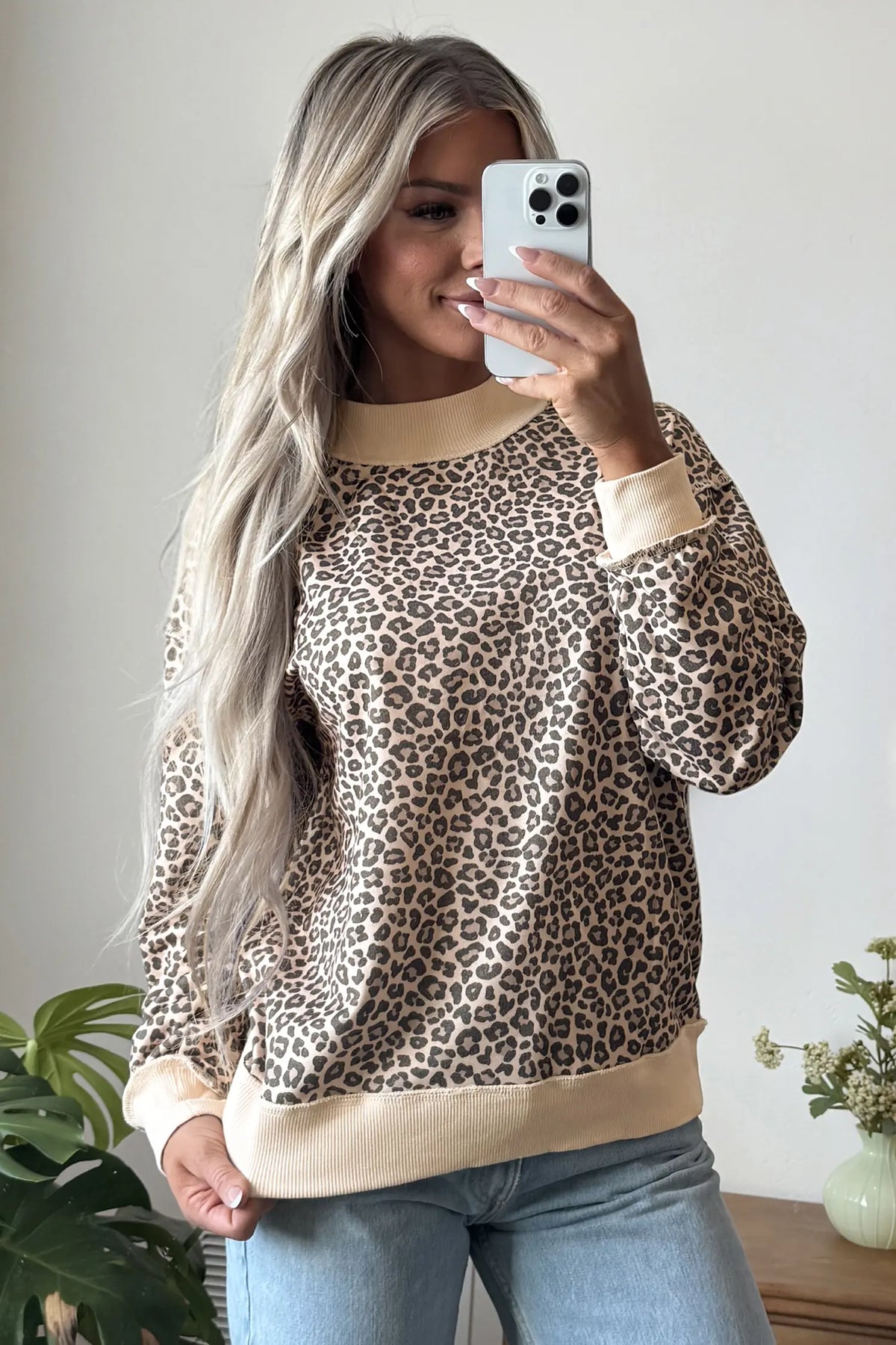 Leopard Print High Neck Long Sleeve Ribbed Cuffs Hem Sweatshirt – Multicolour