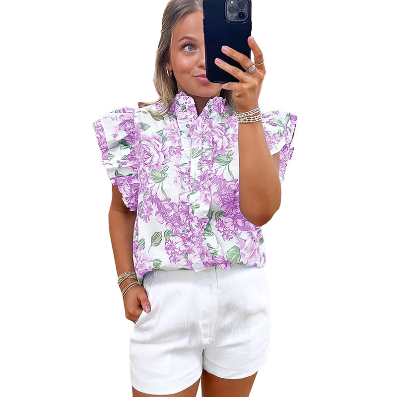 Short Sleeve Blouse Floral Print Cap Sleeves eprolo