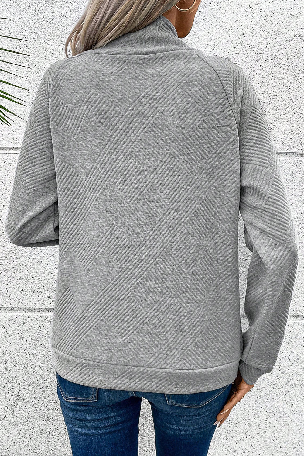 Asymmetric Buttons Detail High Neck Textured Sweatshirt eAura
