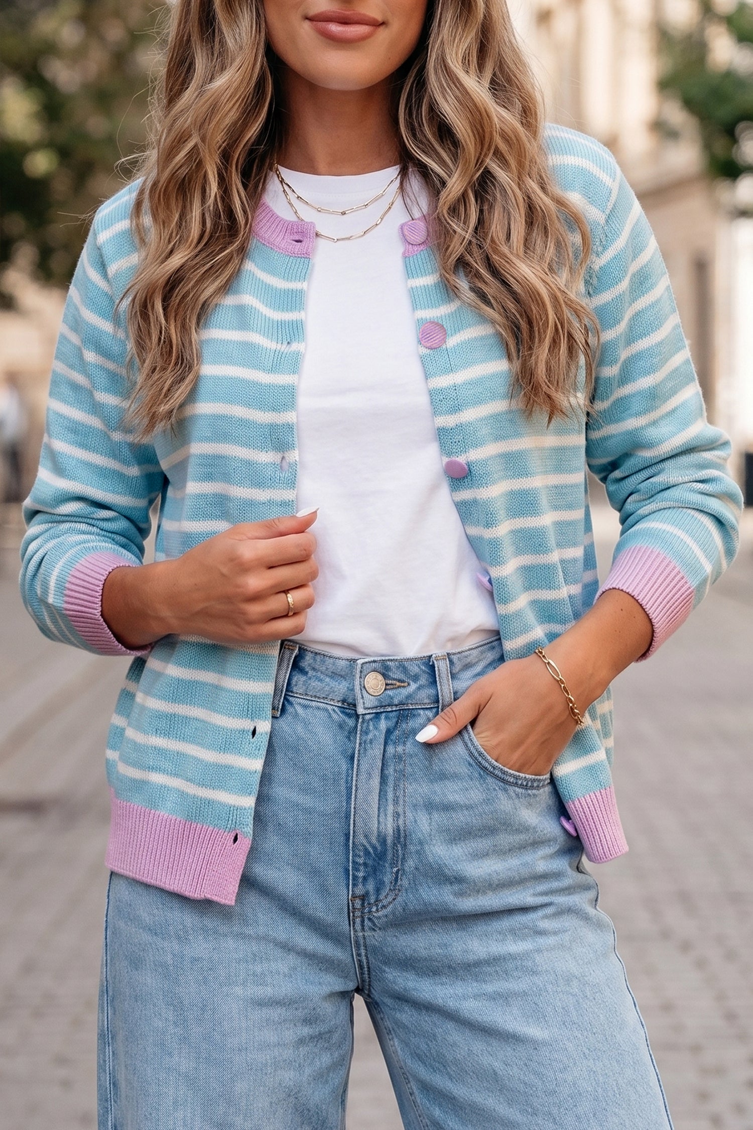Contrast Trim Button Down Casual Sweater Cardigan – Sky Blue Stripe