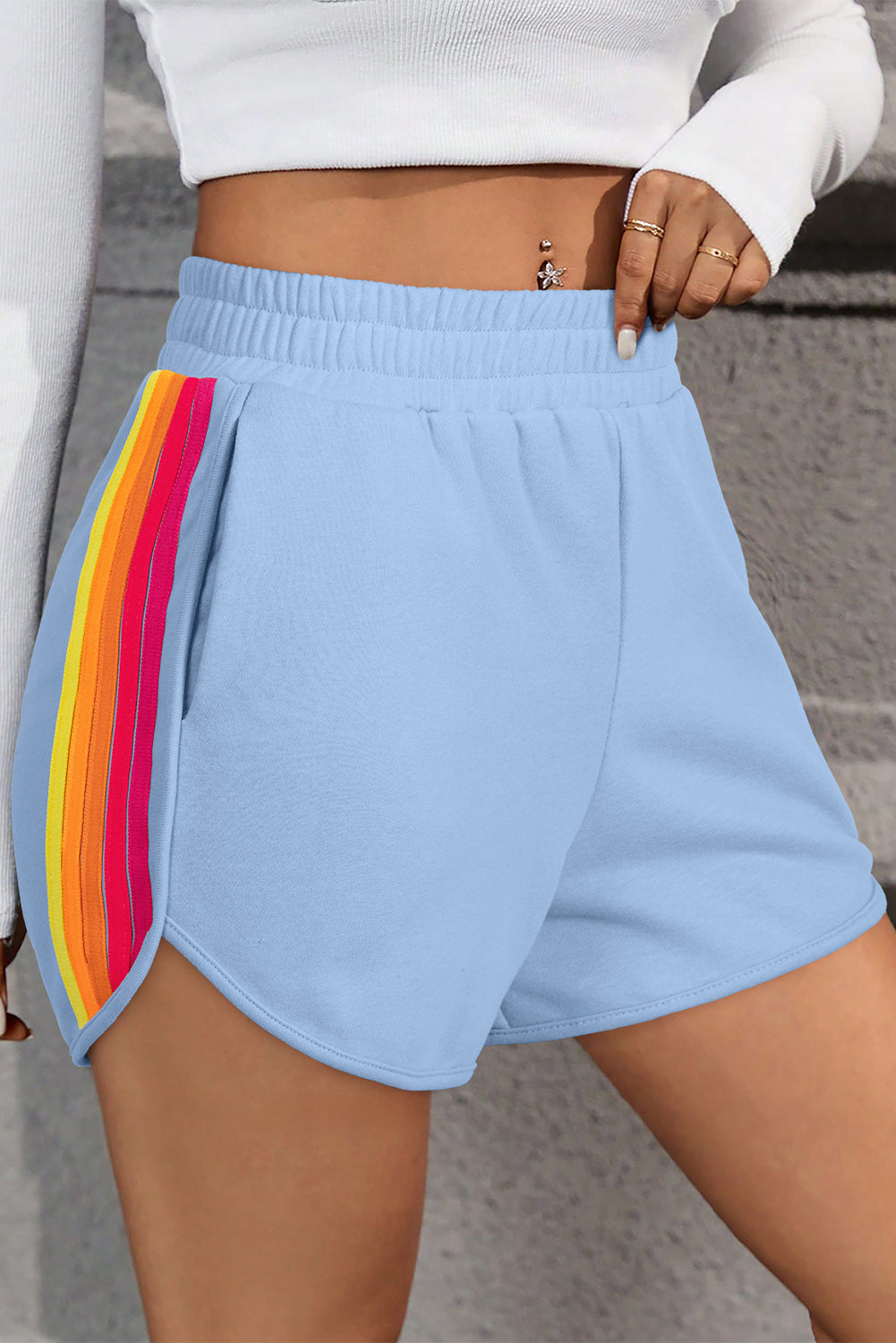 Beau Blue Colour Block Stripes Elastic High Waist Active Shorts eAura