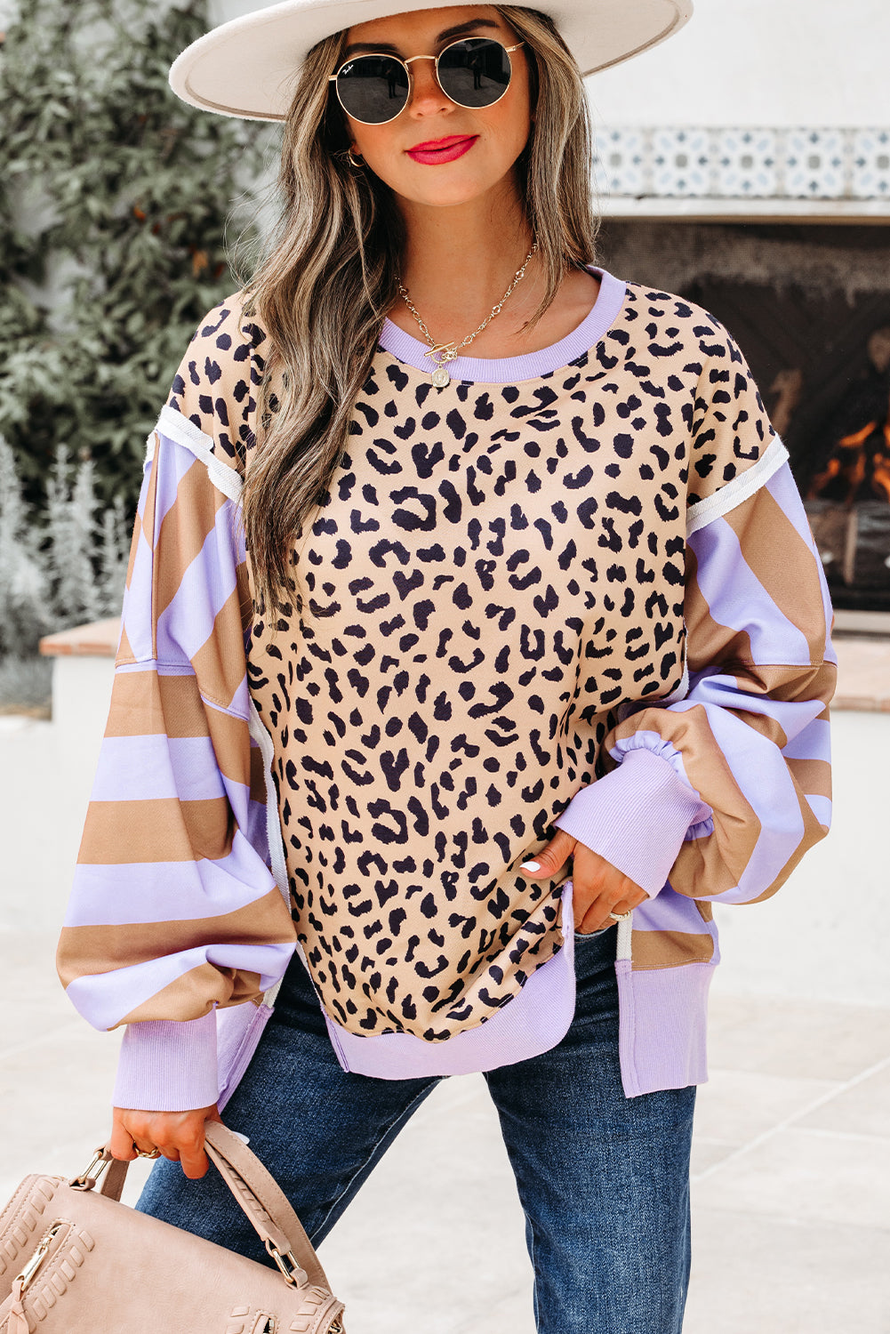 Stripe Colour Block Leopard Casual Sweatshirt with Slits - Tops/Sweatshirts & Hoodies