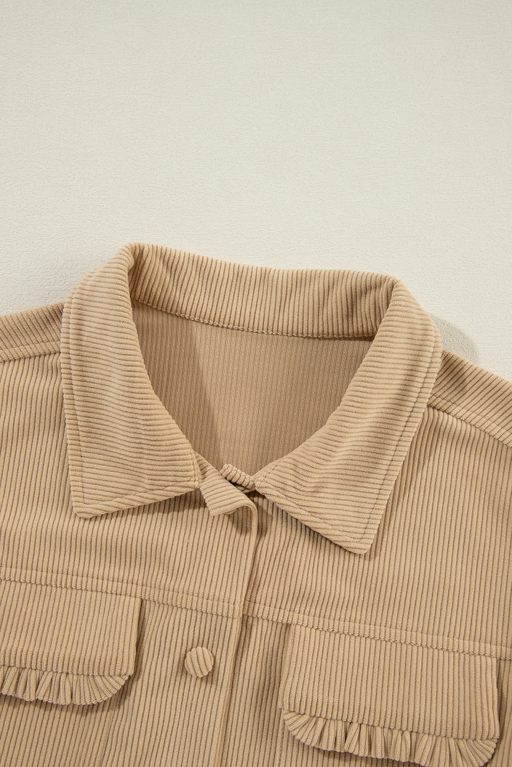 Light French Beige Solid Frilled Flap Pocket Button Up Corduroy Shacket Beagle Boutique Fashion Outlet