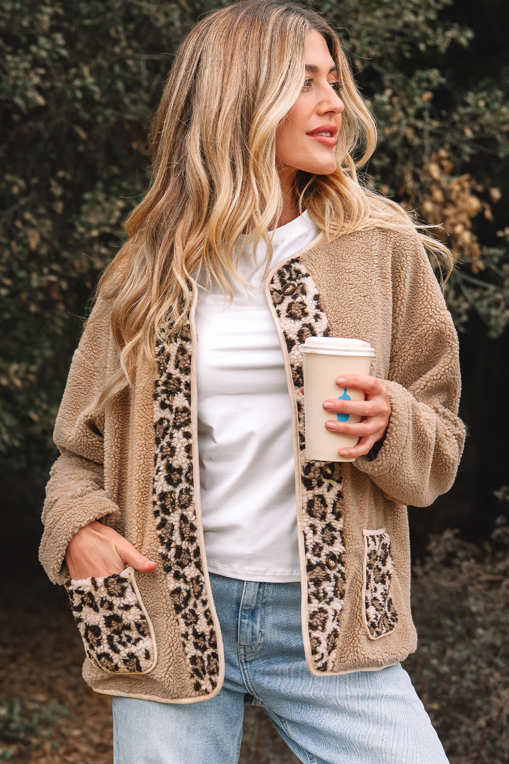 Casual Leopard Print Accent Plush Jacket with Pockets - eAura
