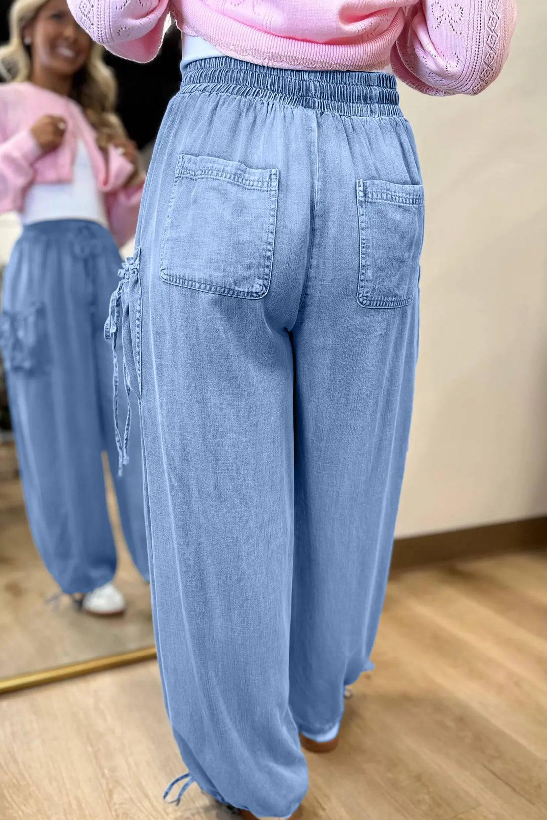 Drawstring Elastic Waist Pocketed Wide Leg Denim Jeans