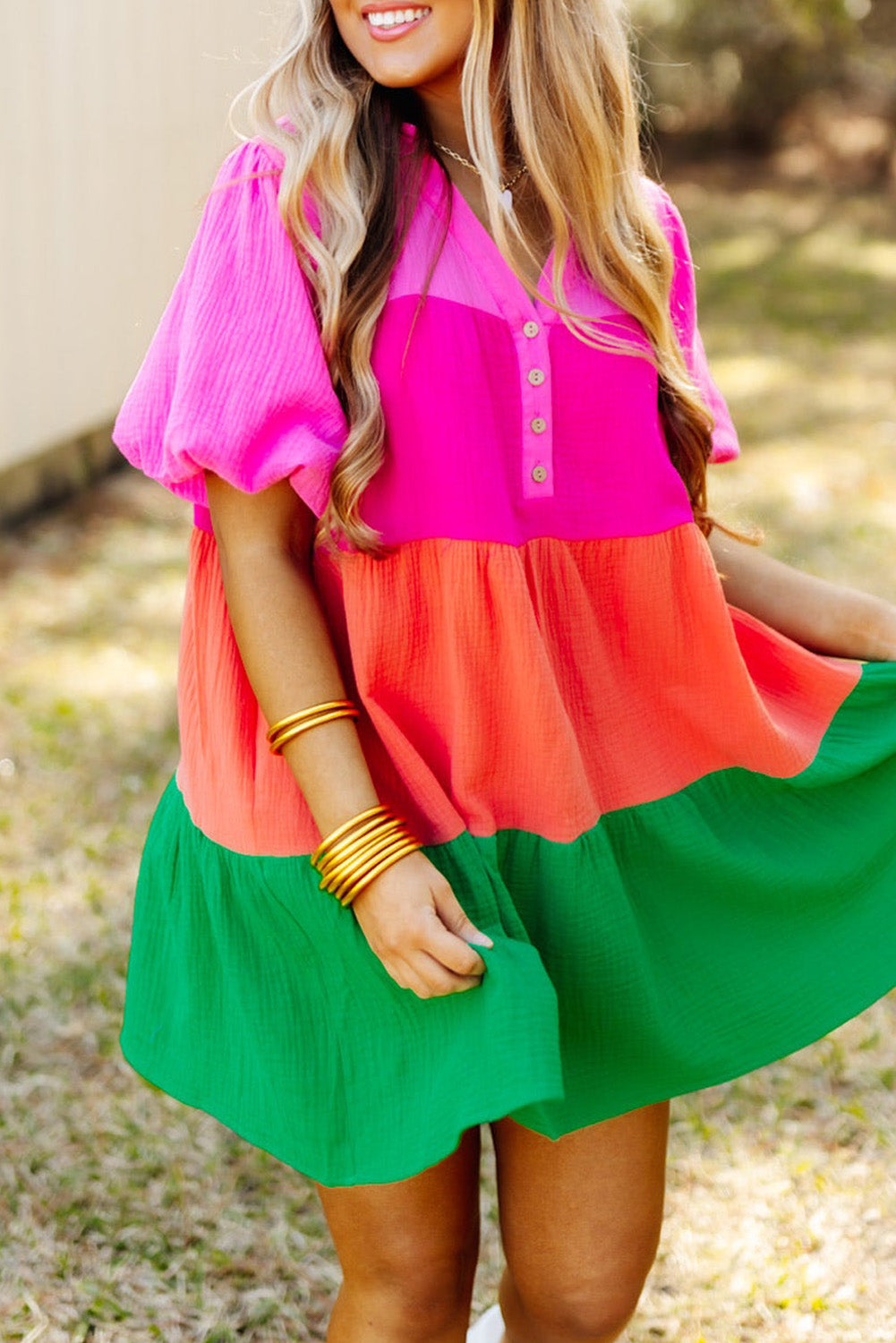 MultiColour Colour Block Tiered Puff Sleeve Dress eAura