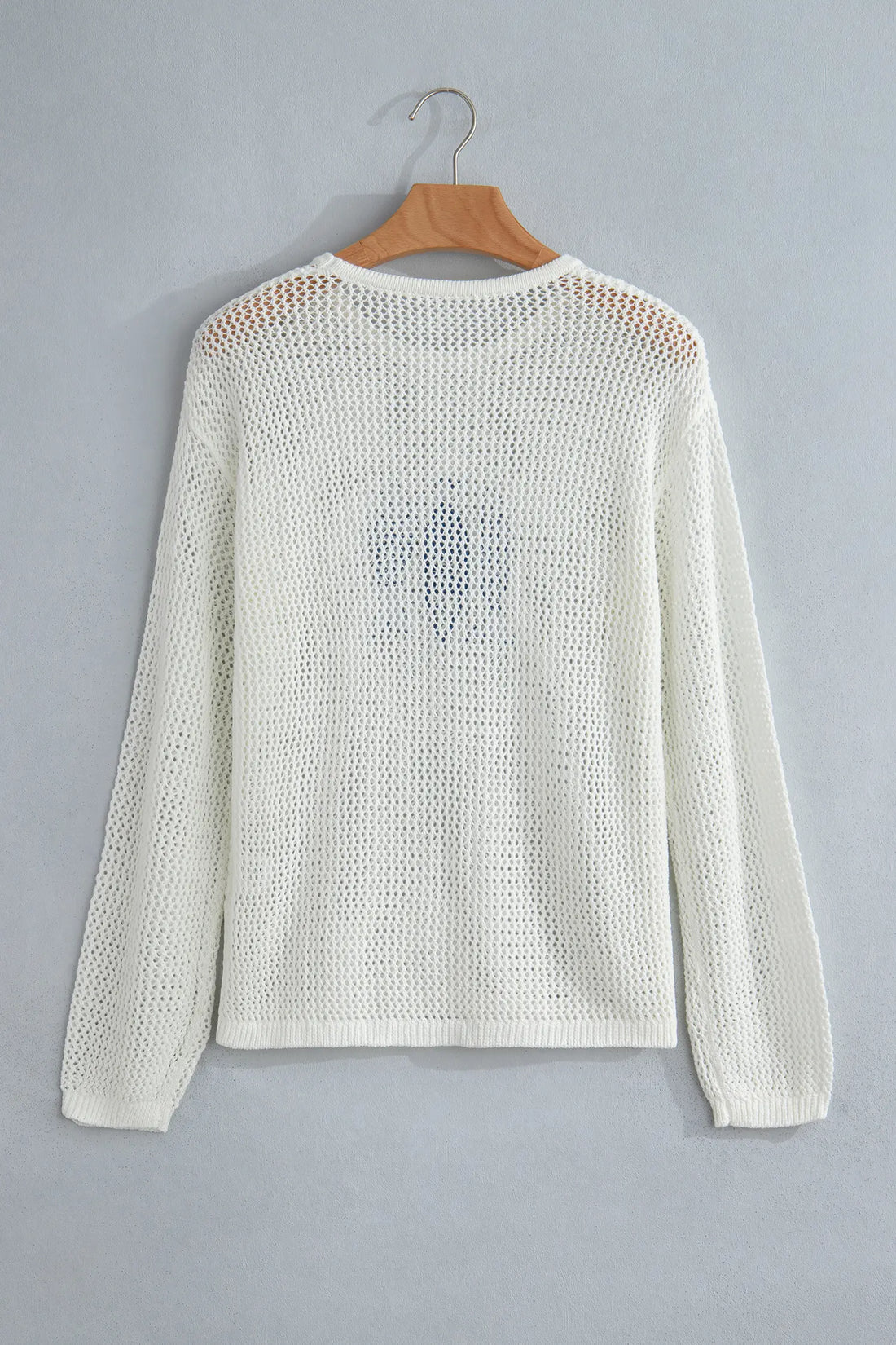 Open Knit Fish Embroidered Casual Sweater – White
