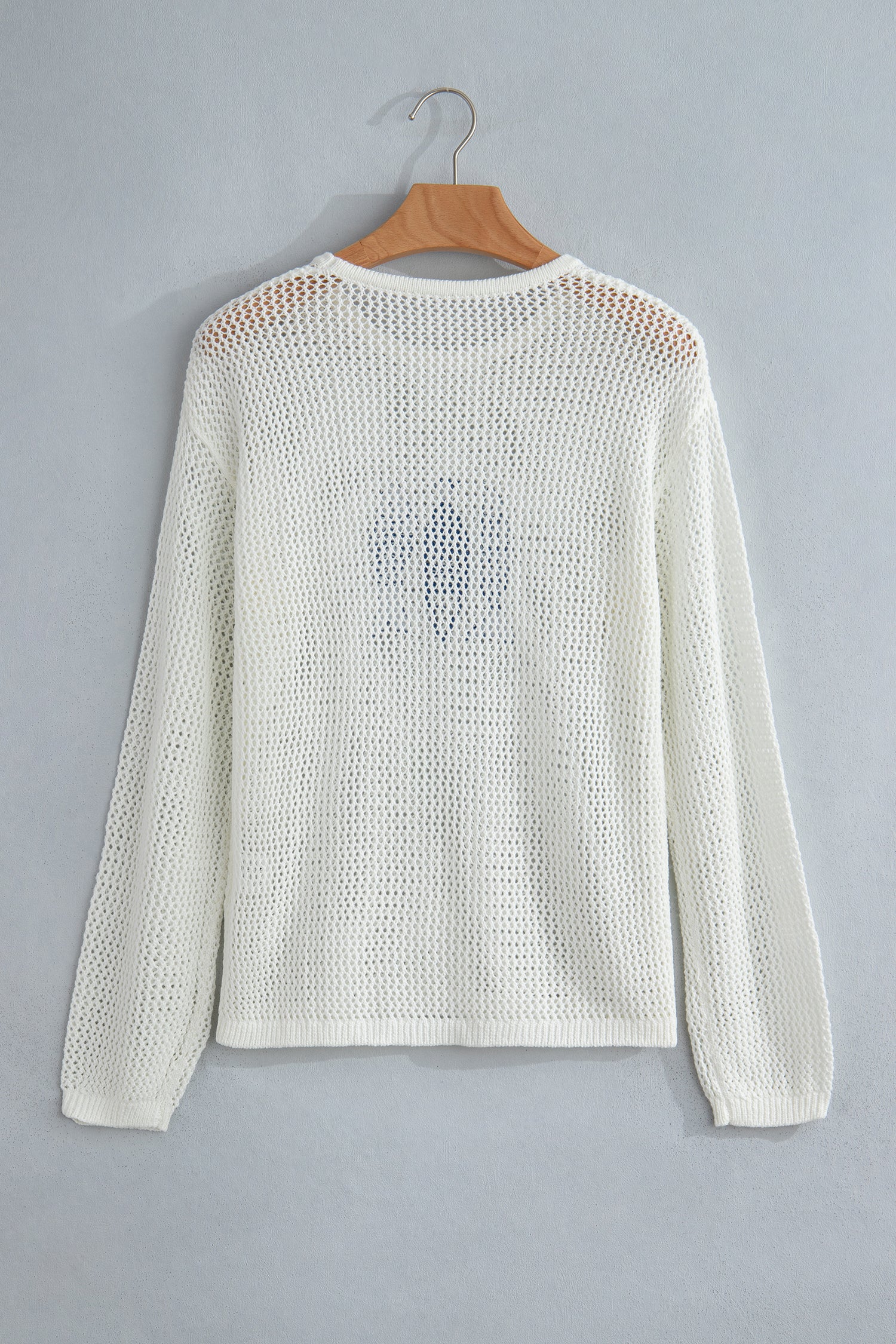Open Knit Fish Embroidered Casual Sweater – White