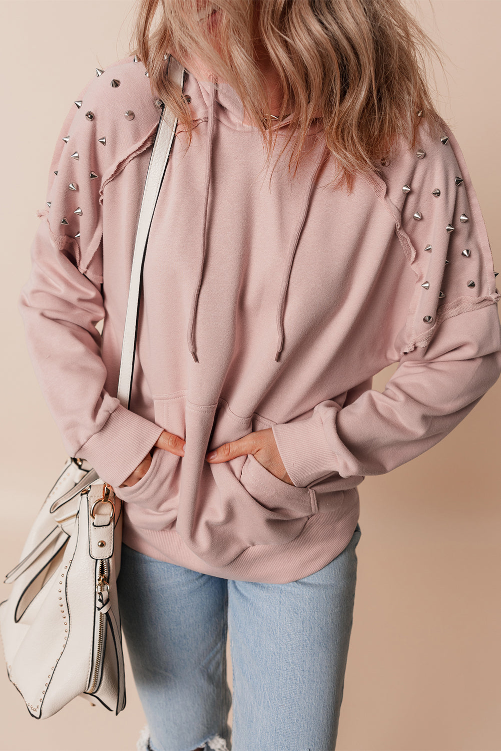 Fushia Solid Color Rivet Stud Raglan Sleeve Hoodie with Pocket BB Fashion Outlet