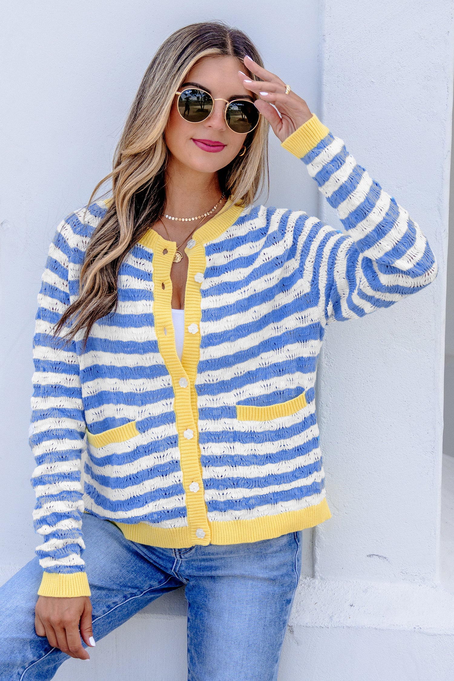 Striped Colorblock Button Front Long Sleeve Loose Fit Knit Cardigan – Sky Blue Stripe