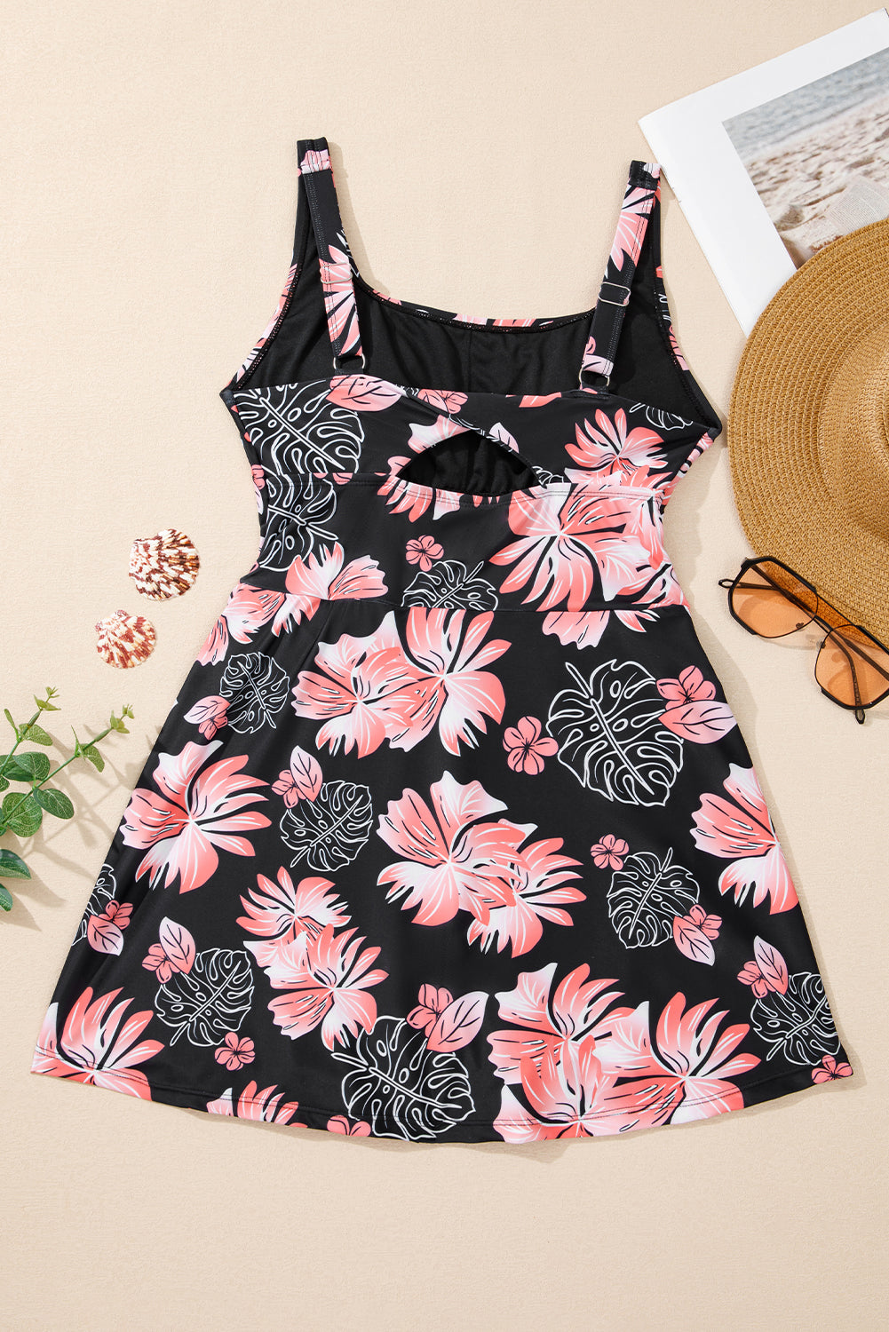 Black Floral Print Twisted Hollowed Back Swim Dress BB Fashion Outlet