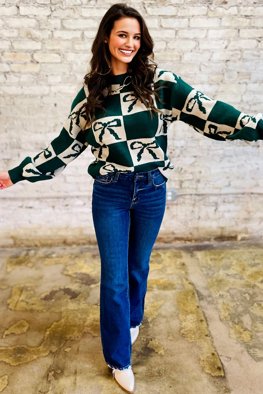 Green Checkered Bow Print Casual Sweater - eAura