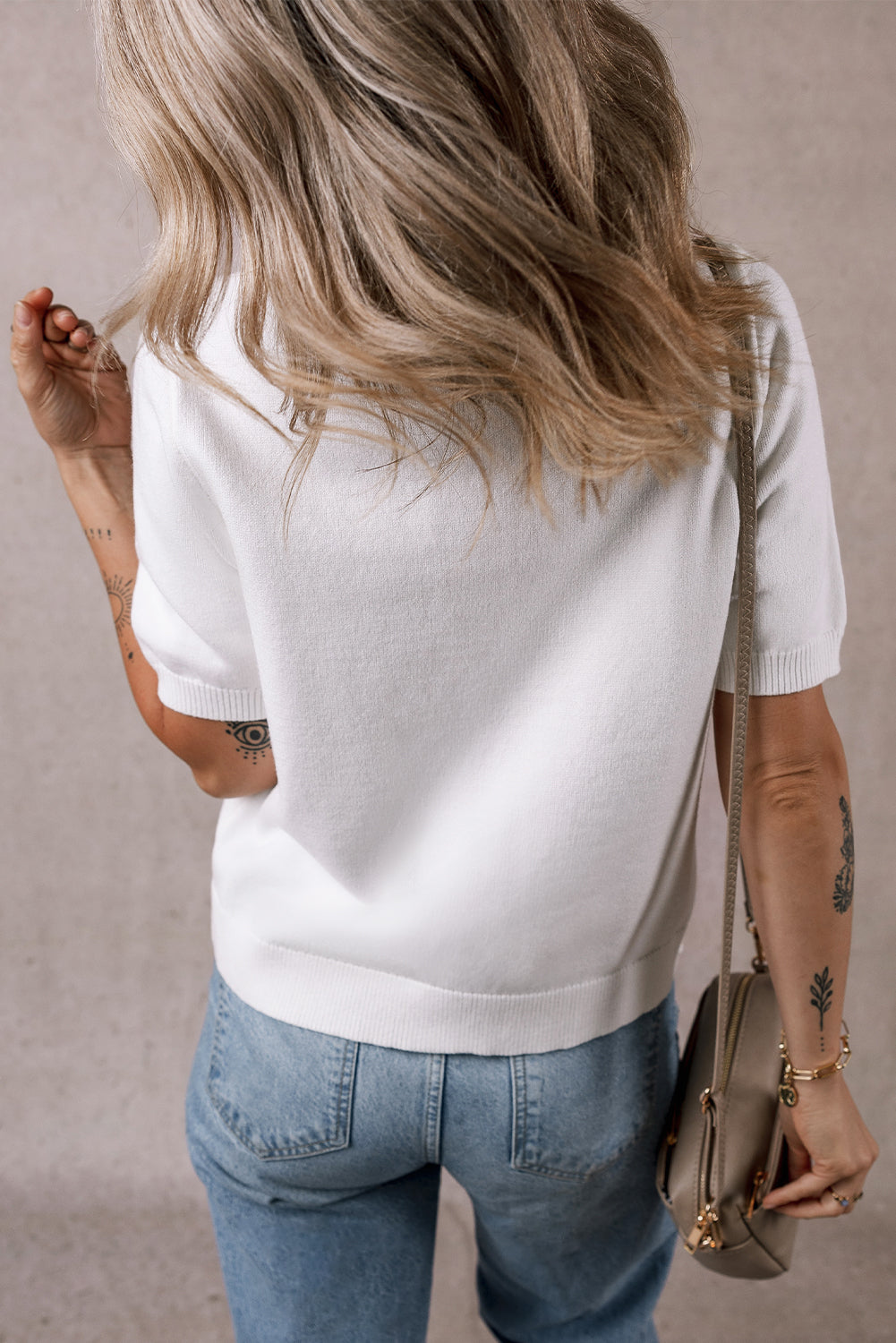 White Gold Buttons Textured Sweater T Shirt eAura
