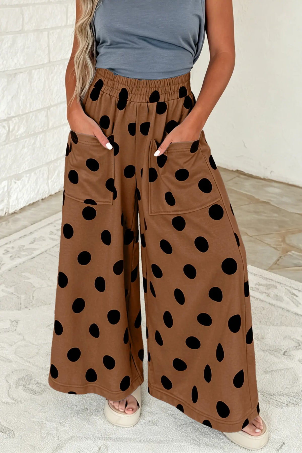 Sky Blue Polka Dot Wide Leg Elastic Waist Casual Pants – Light Blue