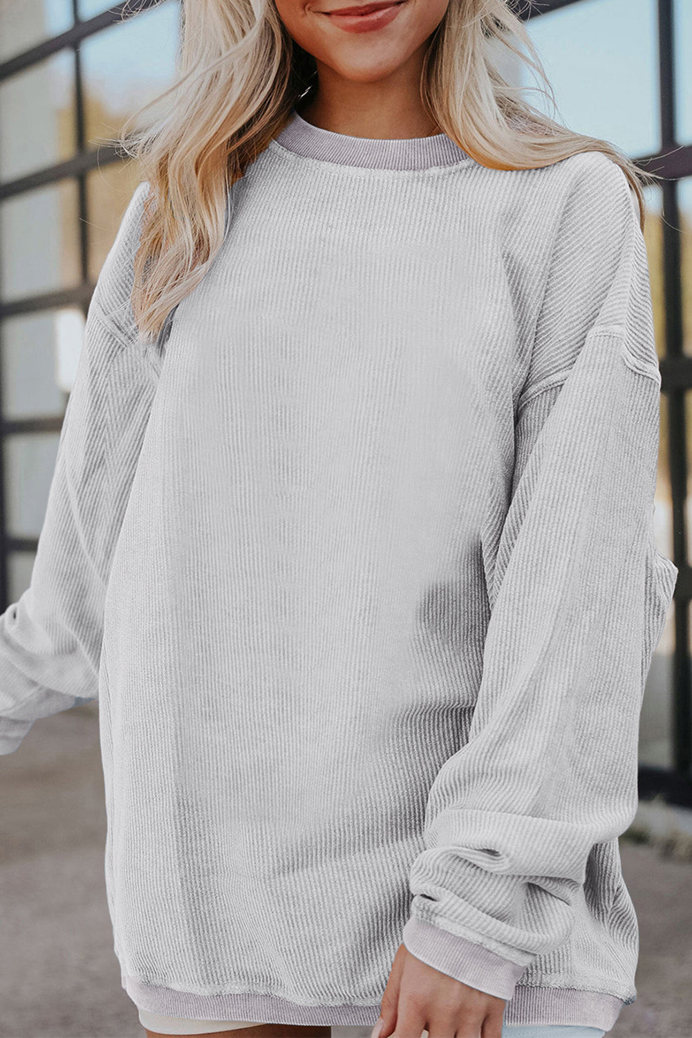 White Ribbed Corduroy Oversized Sweatshirt eAura