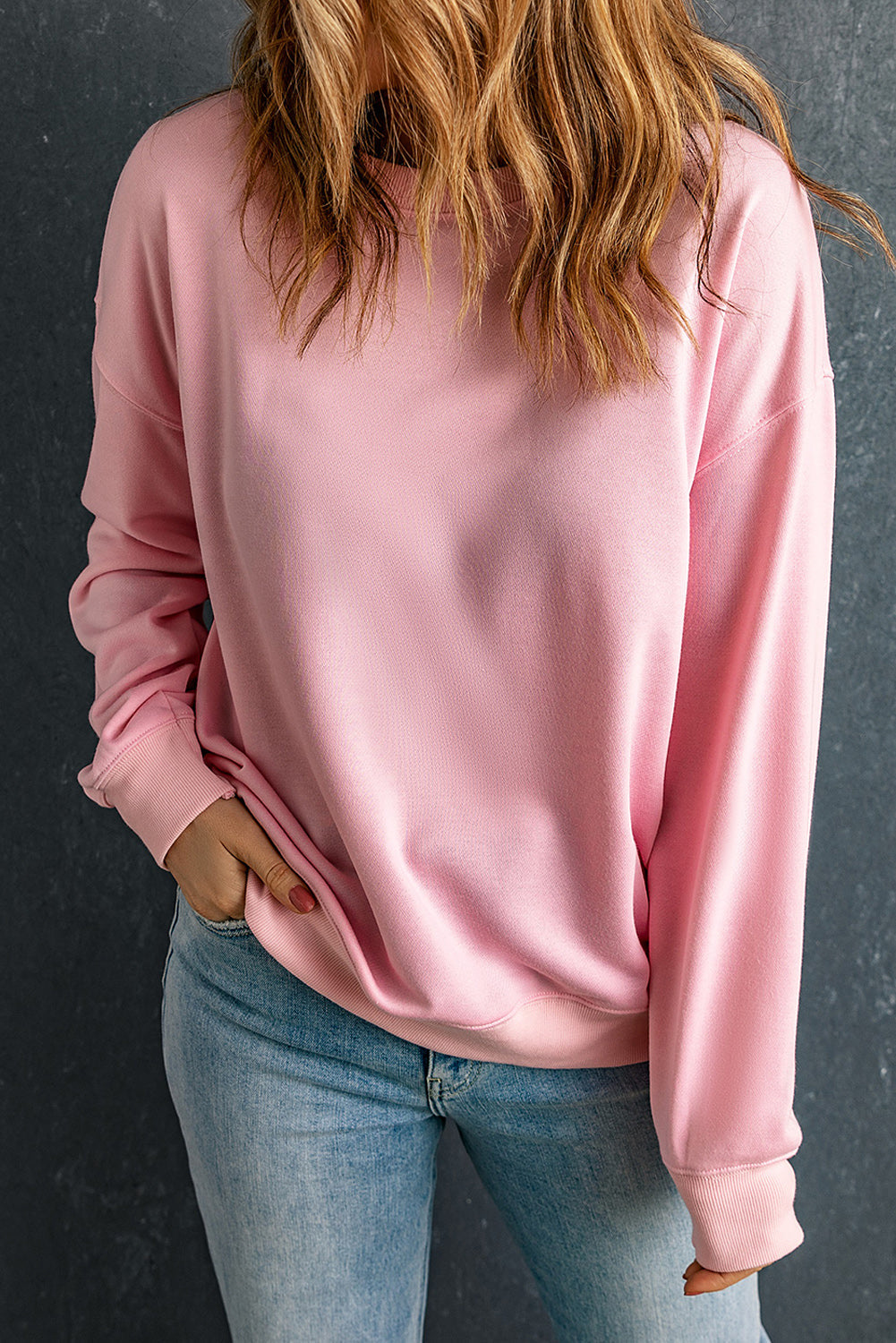 Pink Solid Classic Crewneck Pullover Sweatshirt eAura