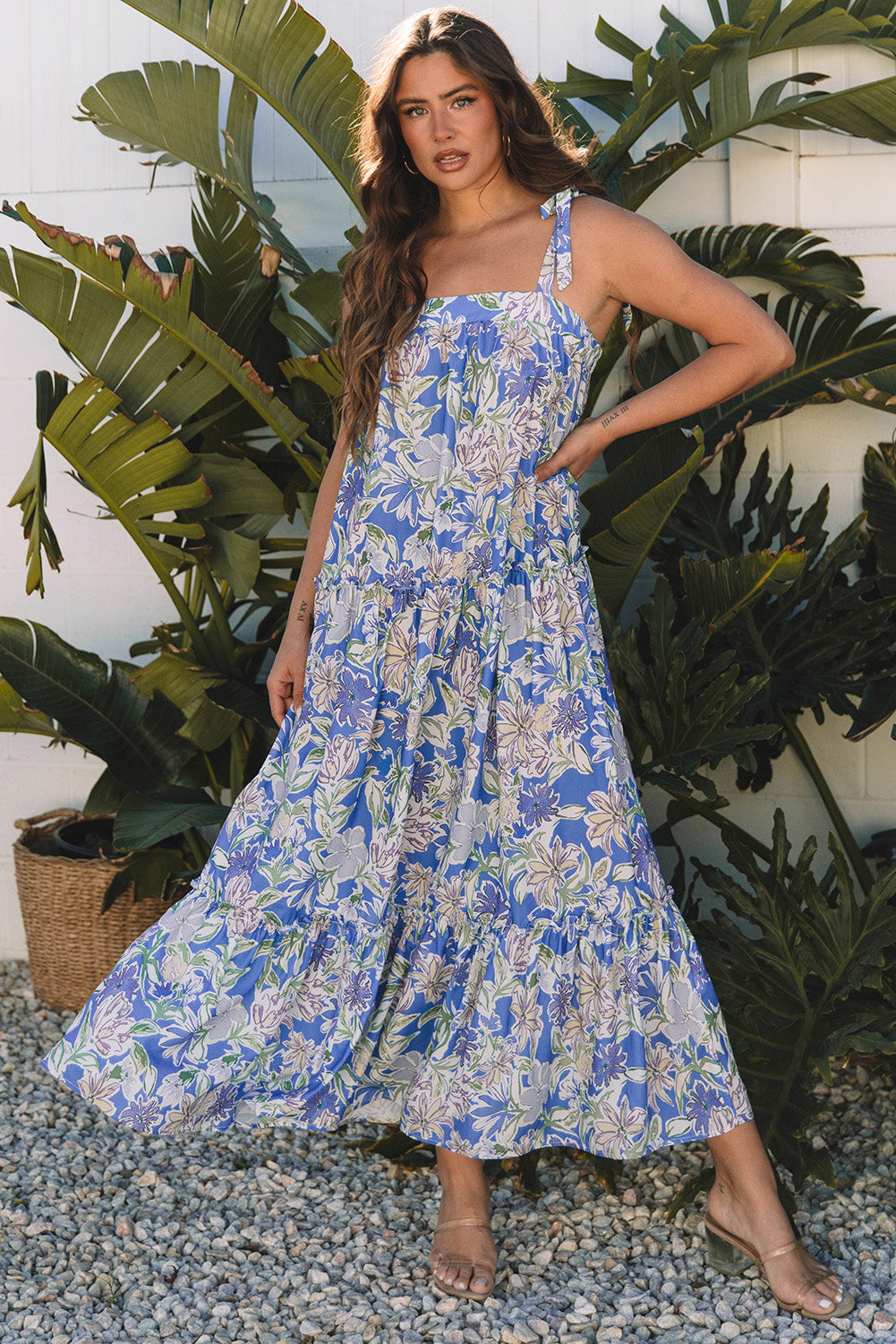 Sky Blue Floral Print Self-tie Straps Flowy Ruffle Long Dress eAura