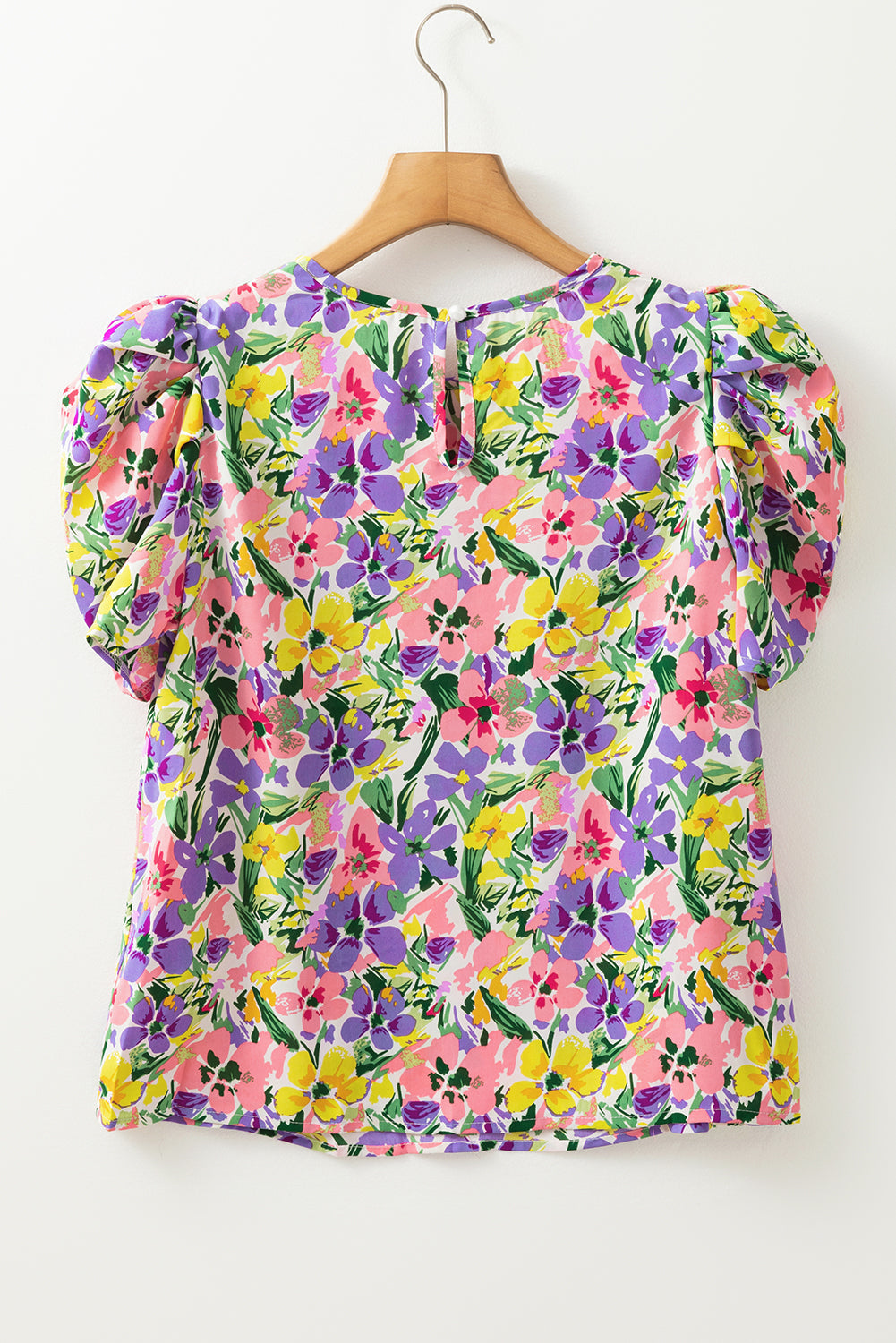 Purple Floral Print Puff Short Sleeve Crew Neck Blouse eAura