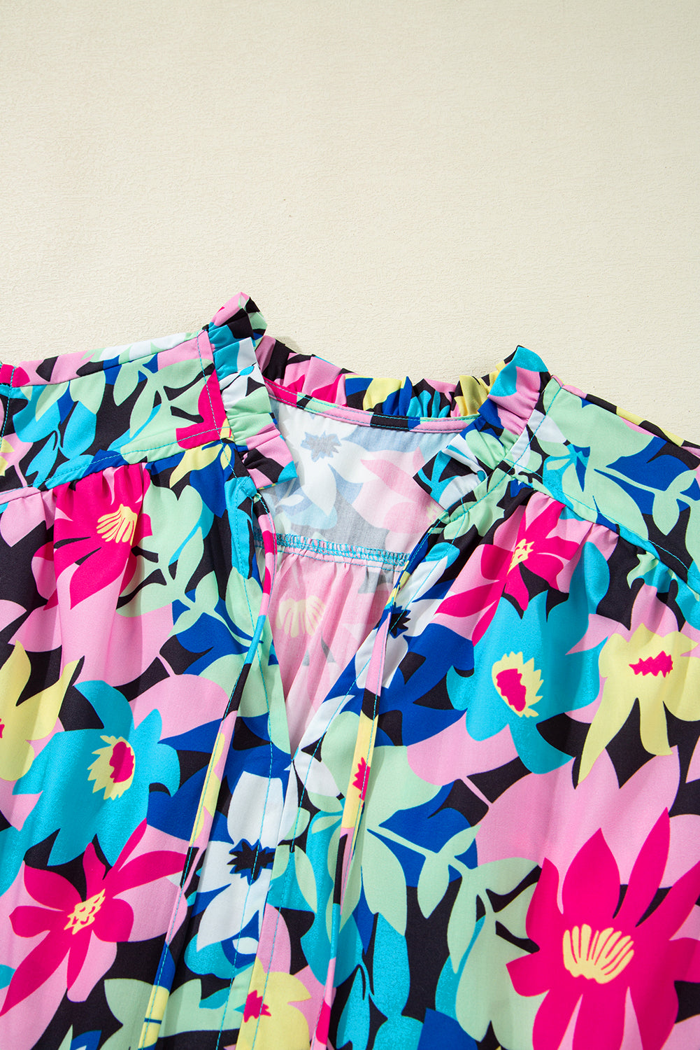 Blue Floral Flutter Sleeve Tied Notched Neck Plus Size Blouse BB Fashion Outlet