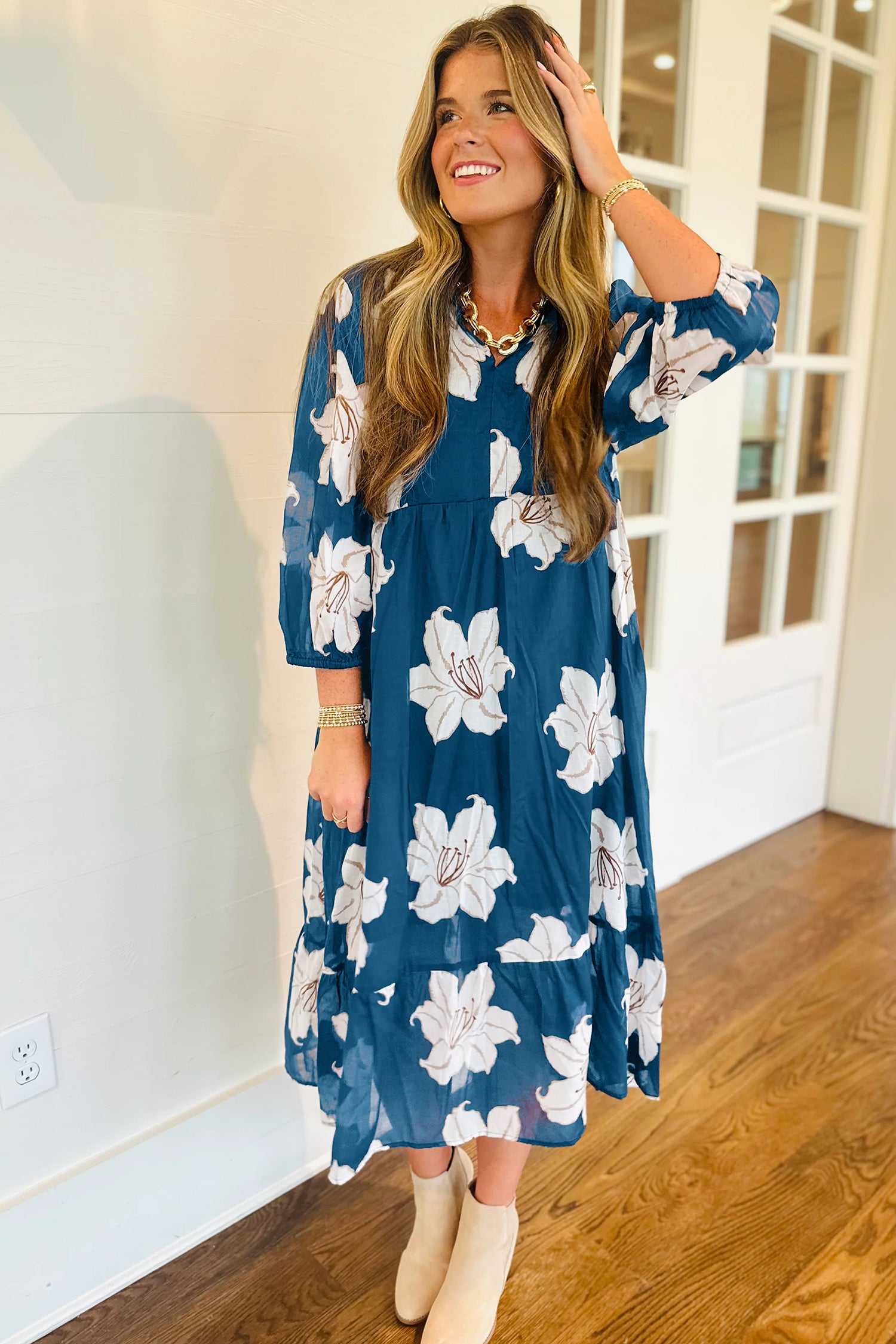 Floral Print Shirt Collar V-Neck 3/4 Sleeve Shift Midi Dress - Dresses/Midi Dresses