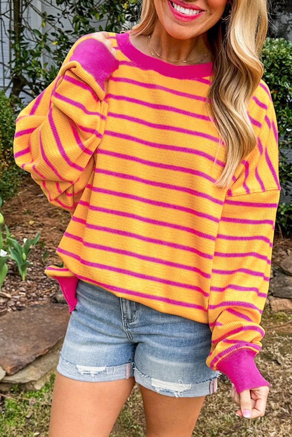 Orange Stripe Trimmed Round Neck Drop Shoulder Loose Sweater eAura