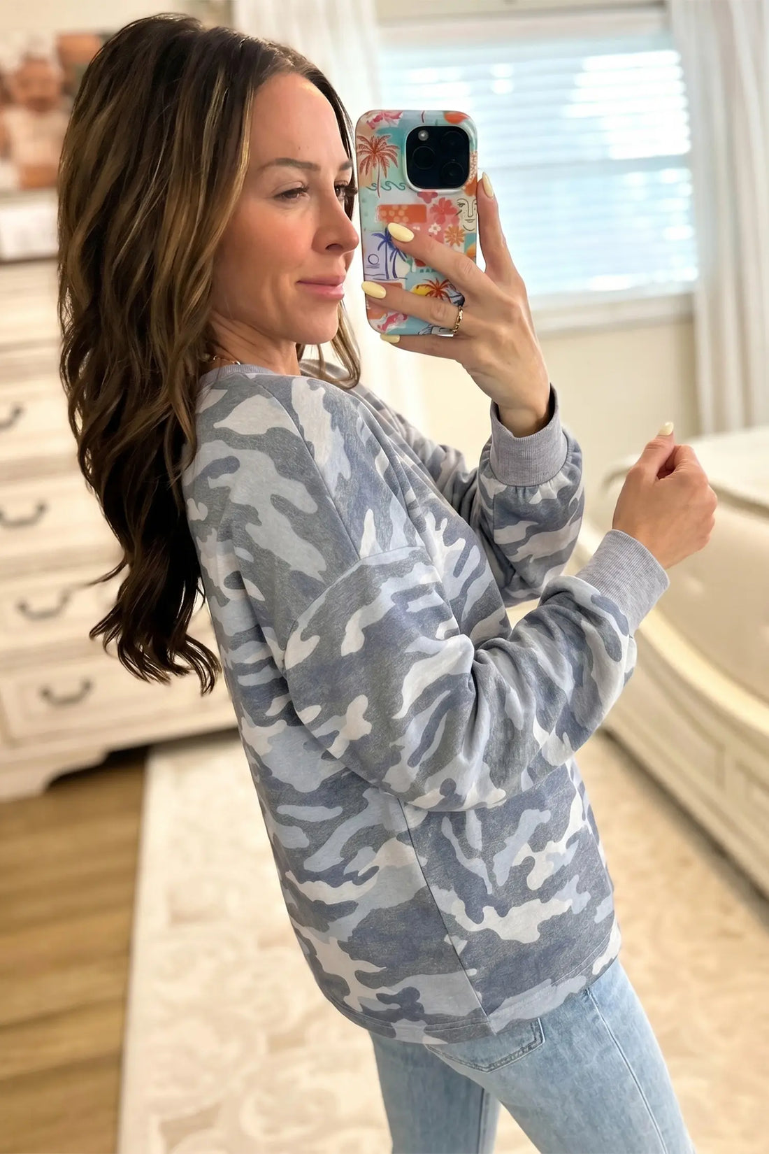 Camouflage Long Sleeve Round Neck Shift Pullover Top – Multicolour