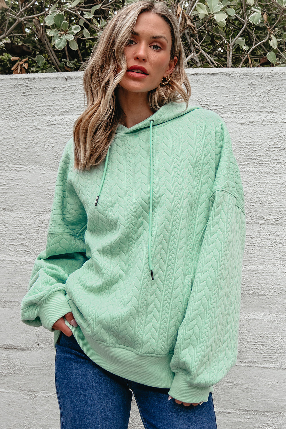 Cable Textured Baggy Hoodie - Tops/Sweatshirts & Hoodies