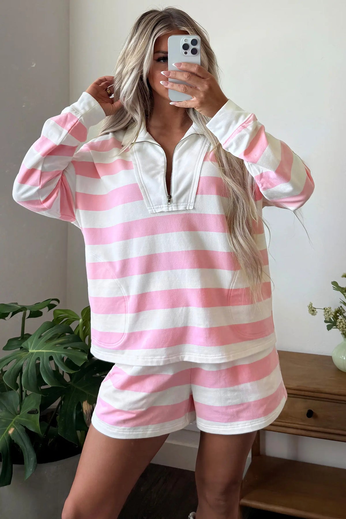 Patchwork Zipper Pullover Elastic Waist Shorts 2pcs Set – Pink Stripe