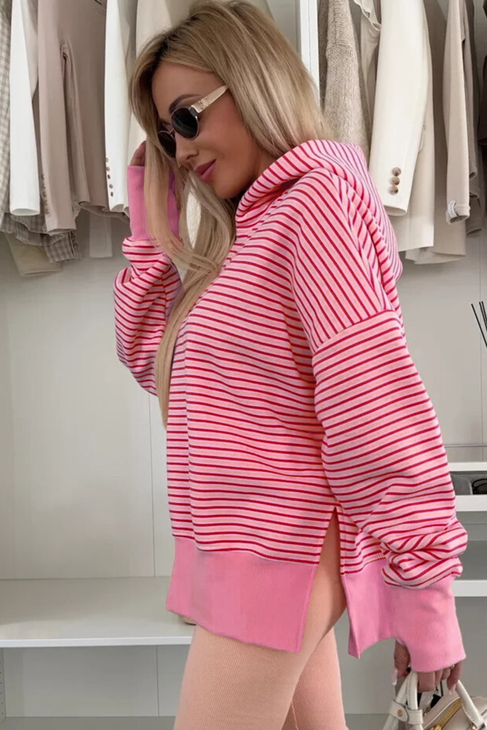 Stripe Thumbhole Side Slits Drop Shoulder Loose Fit Hoodie - eAura