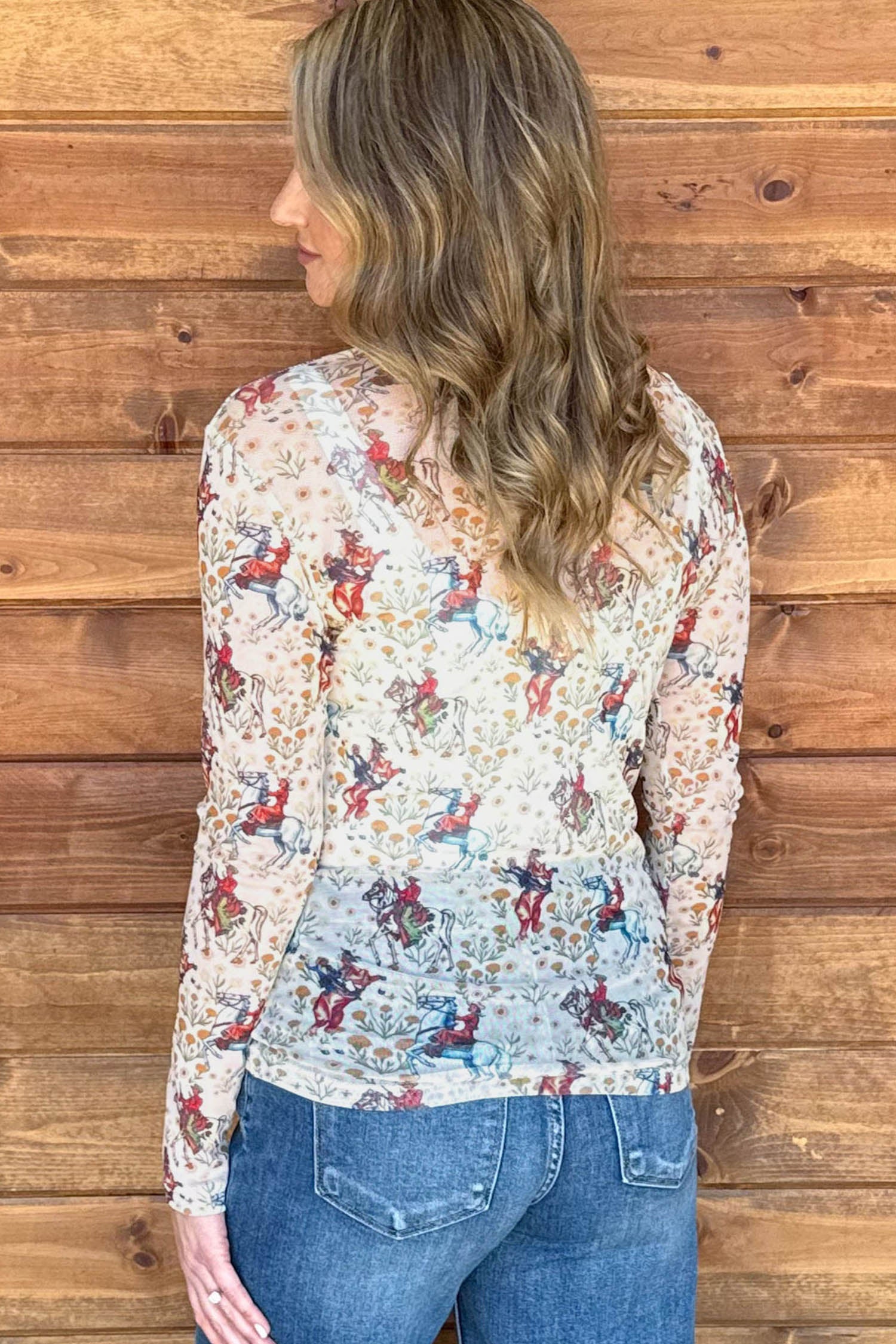 Western Cowboy Floral Print Sheer Mesh Long Sleeve Top – Beige