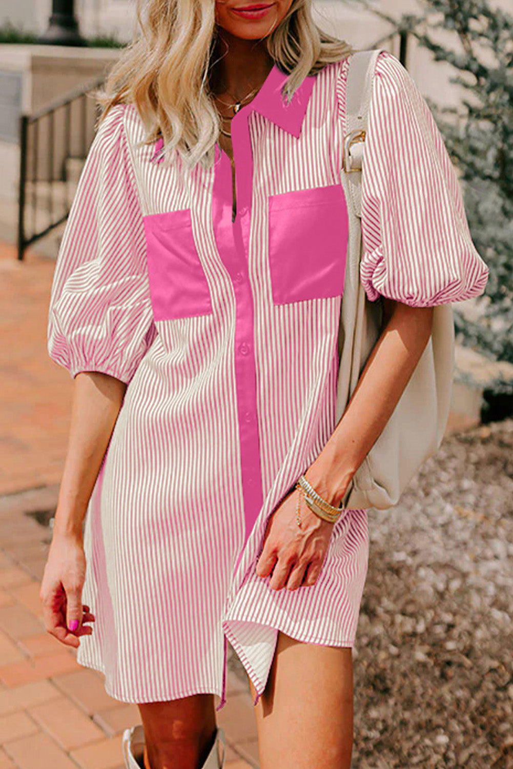 Striped Colour Block Patchwork Shirt Collar Button Down Puff Sleeve Mini Dress