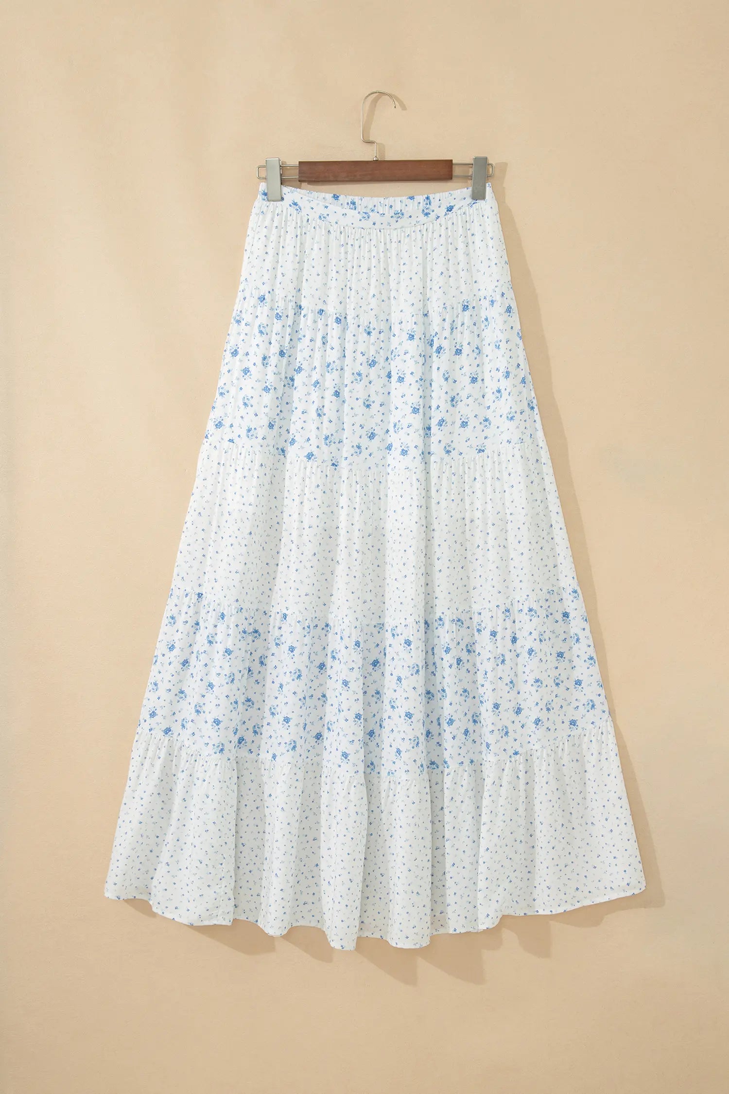 High Waist Tiny Floral Print Boho Maxi Skirt – Sky Blue
