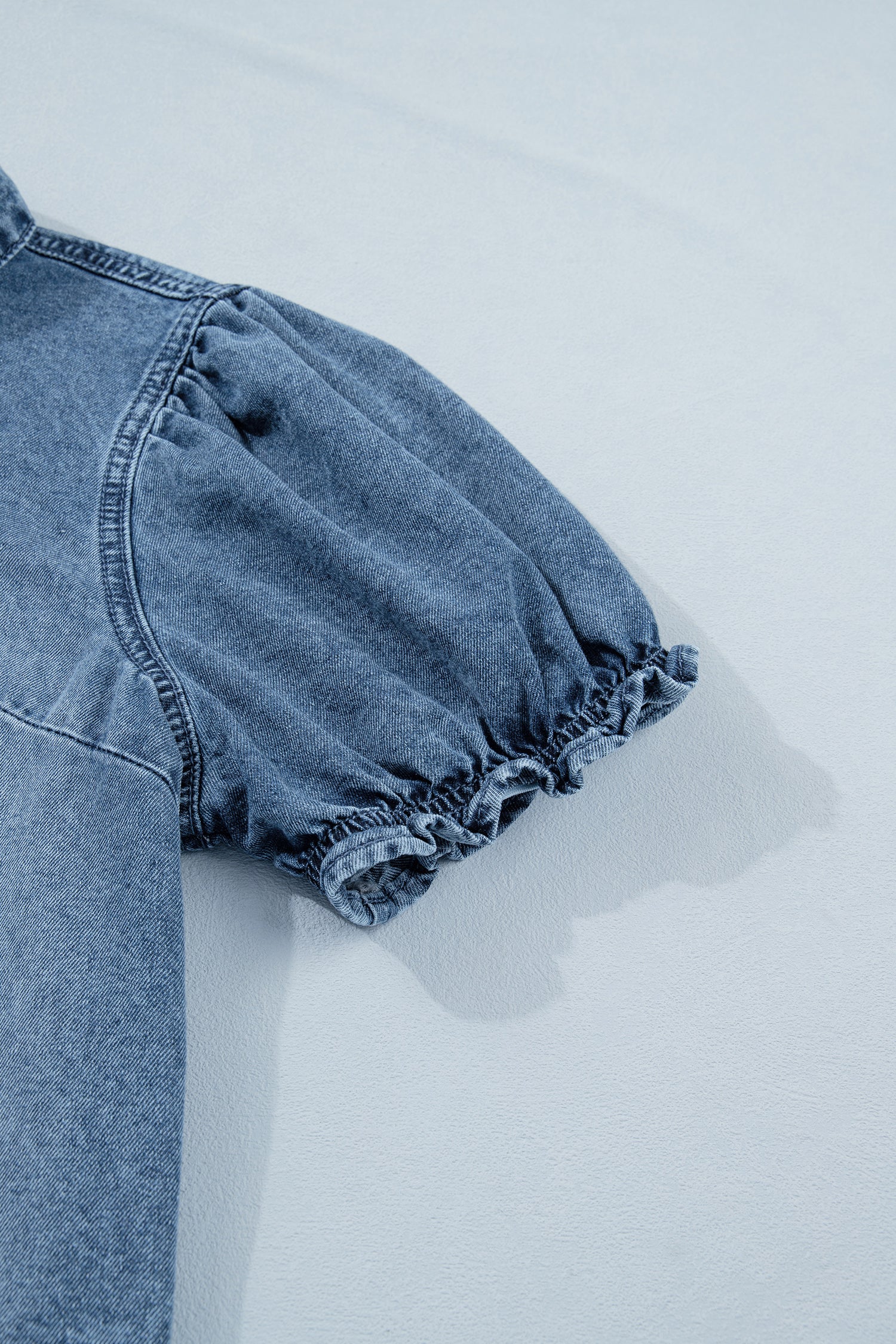 Frilled Short Sleeve Snap Button Denim Shirt