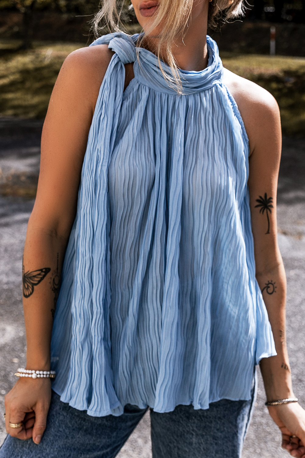 Myosotis Textured Pleated Tied Mock Neck Flowy Sleeveless Top eAura