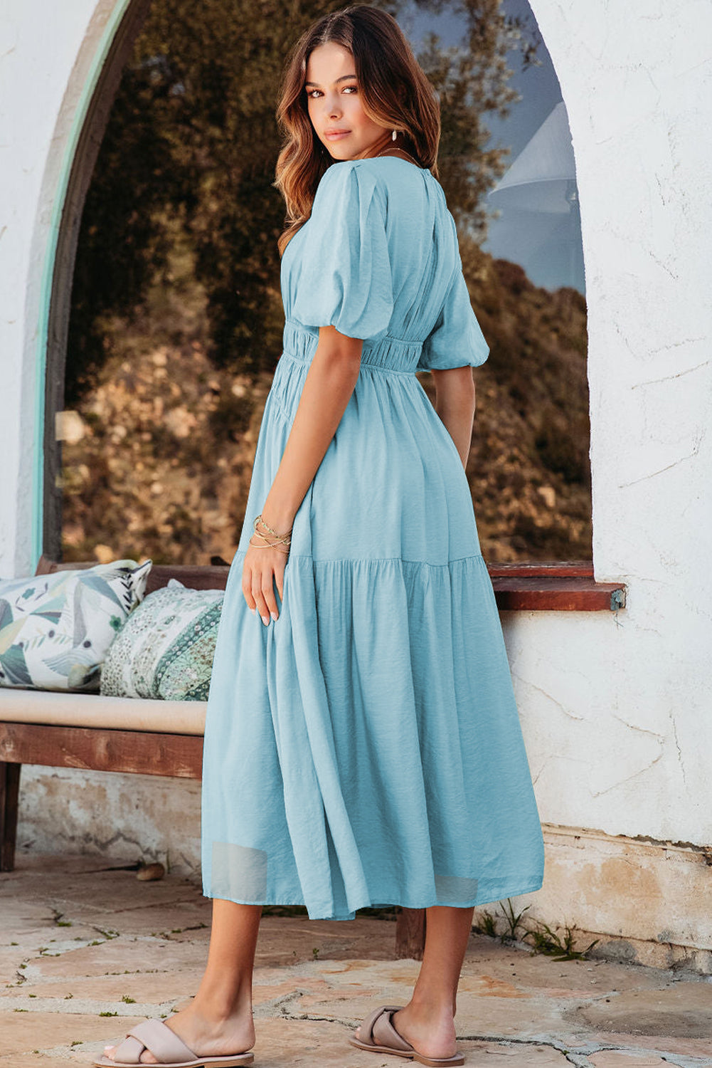 Puff Sleeve High Waist Flowy Chiffon Lined Midi Dress