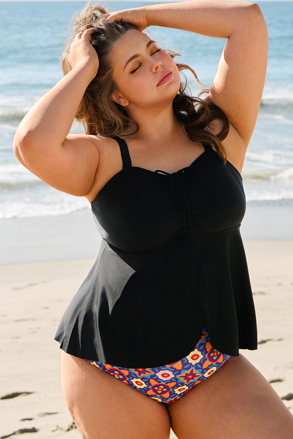 Black Drawstring Tied Front Flared Top Geometric Print Bottom Plus Size Tankinis BB Fashion Outlet