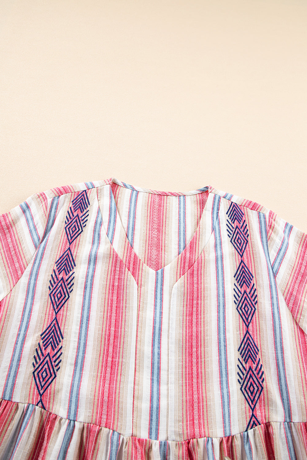 White Stripe Plus Size Embroidered Detail Flared 3/4 Sleeve V Neck Dress BB Fashion Outlet