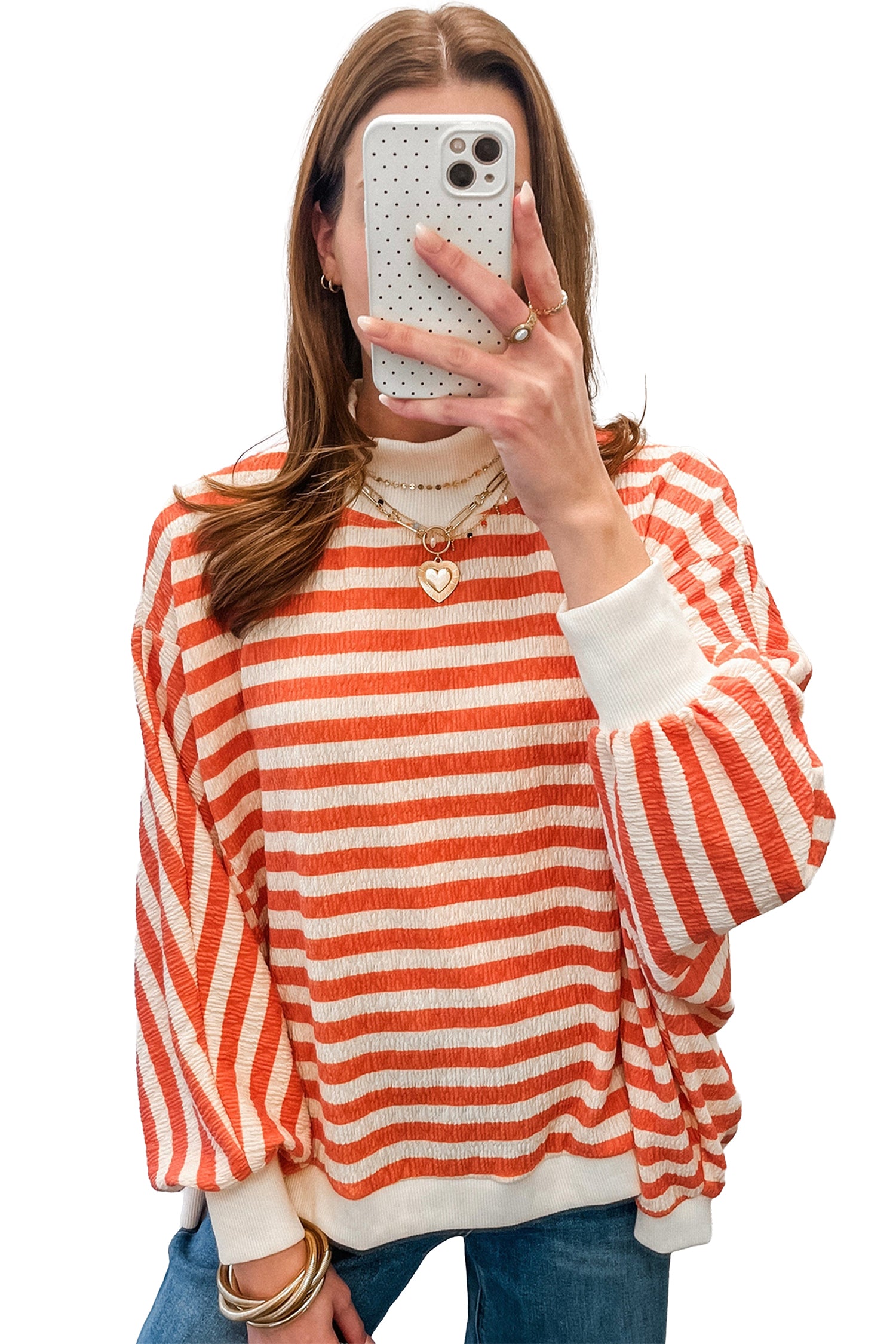 Striped Textured Stand Neck Oversized Long Sleeve Top – Orange Stripe