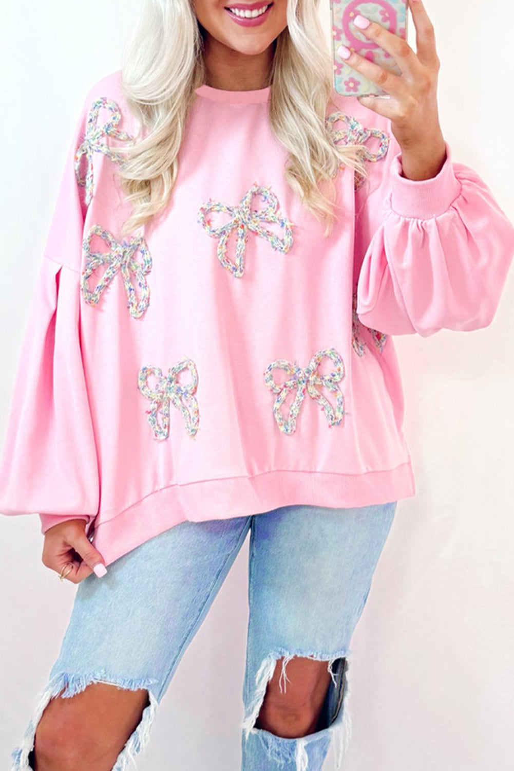 Light Pink Embroidered Bow Lantern Sleeve Oversized Pullover Sweatshirt eAura