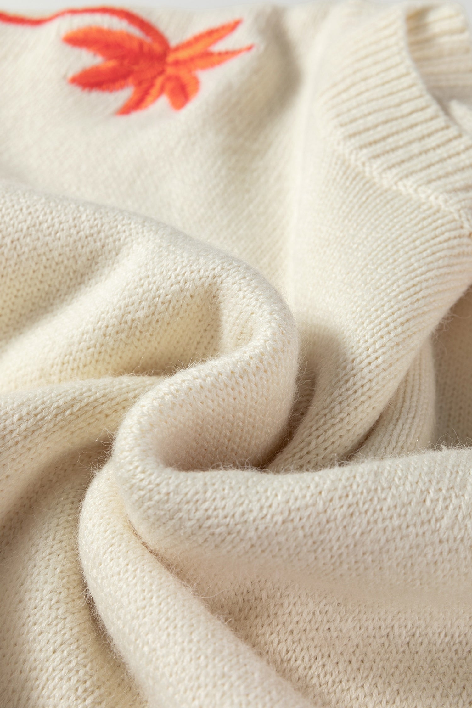 Embroidered Floral Sleeve Round Neck Loose Sweater - eAura