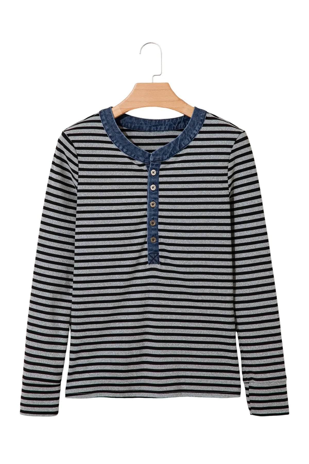 Denim Contrast Collar Half Button Long Sleeve Top – Grey Stripe