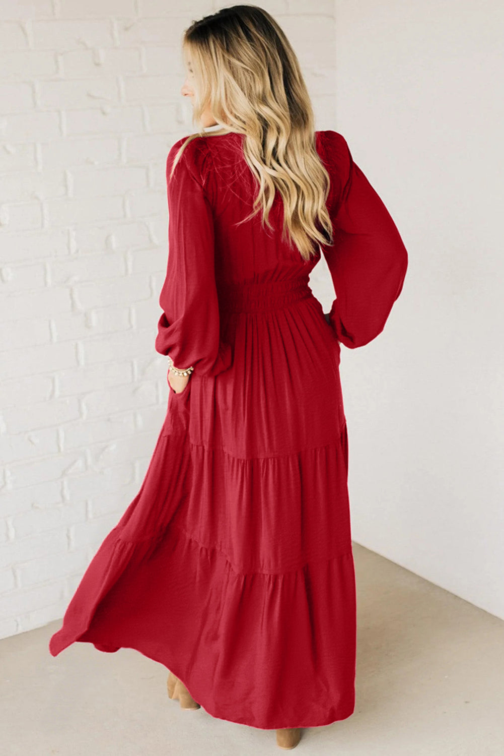 Contrast Embroidered Detail Cinched Waist Tiered Long Sleeve Maxi Dress